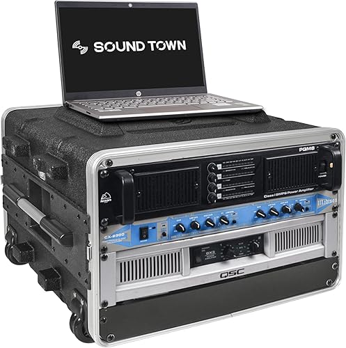 Sound Town Estuche ligero de 6U PA DJ Rack/Road con espacio en rack de 5U, construcción de ABS, profundidad de 19 pulgadas, mango retráctil, ruedas