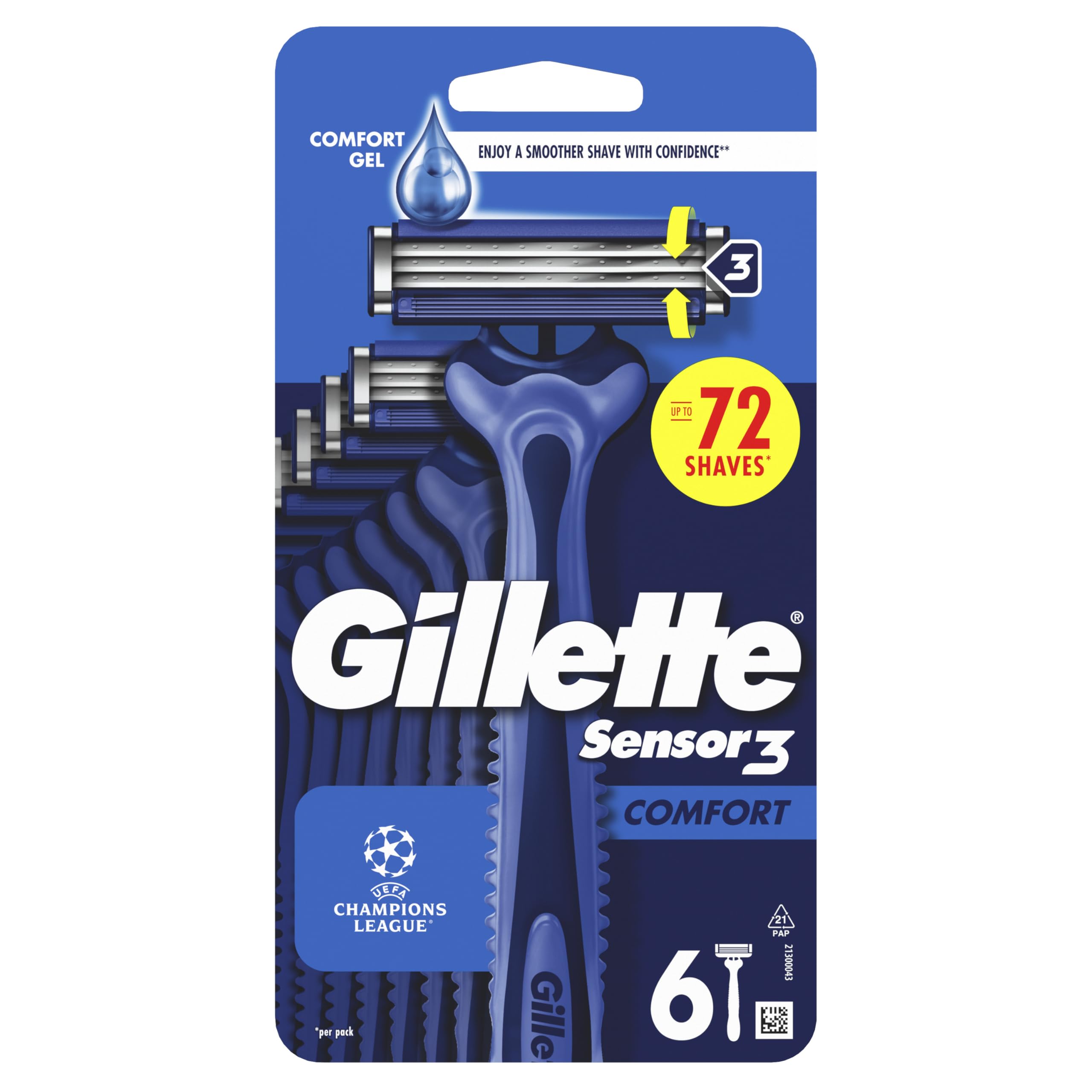 Gillette Sensor3 Comfort, Disposable Razors For Men, 6-Pack Razors