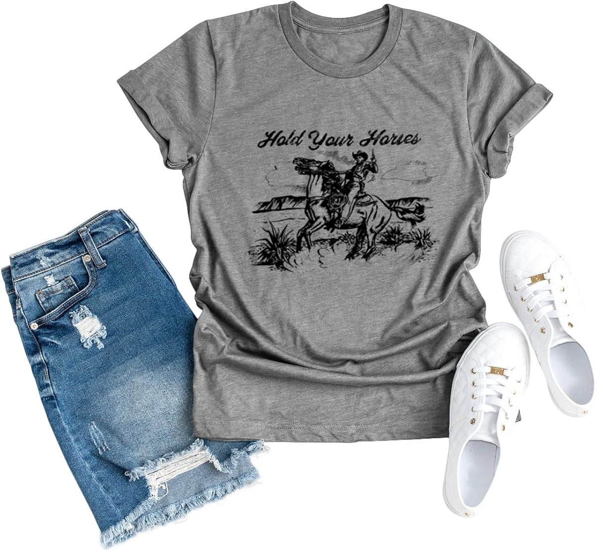 Women Cowboy Funny Graphic Vintage T-Shirt Hold Your Horses Letter Tee Top