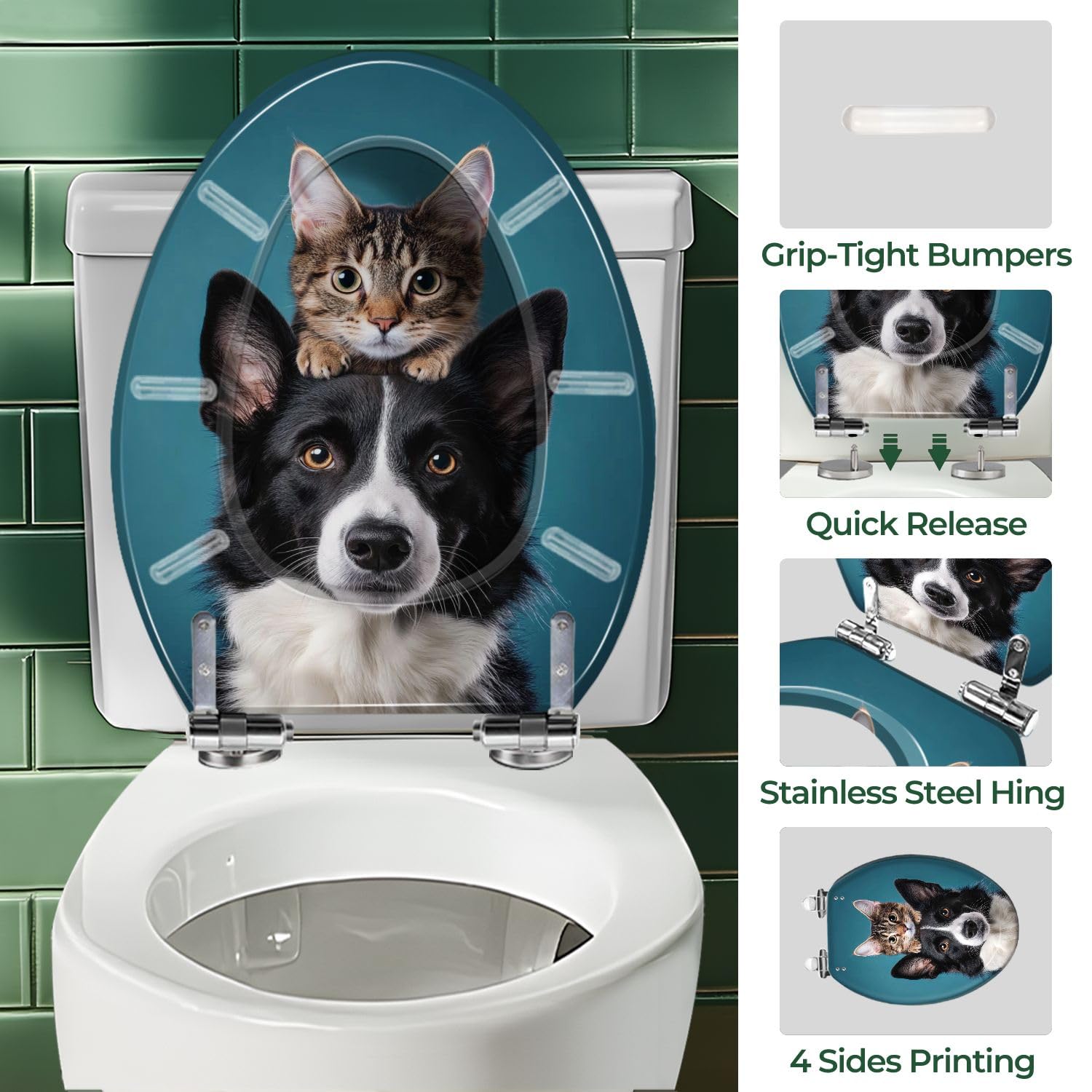 Elongated Resin Toilet Seat with Cover, Border Collie & Hiding Cat Art