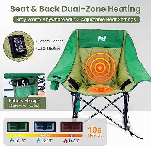 Miniatura 7 de ABORON Silla mecedora de gran tamaño para adultos, silla de césped plegable totalmente acolchada para exteriores con bolsa enfriadora y bolsillo