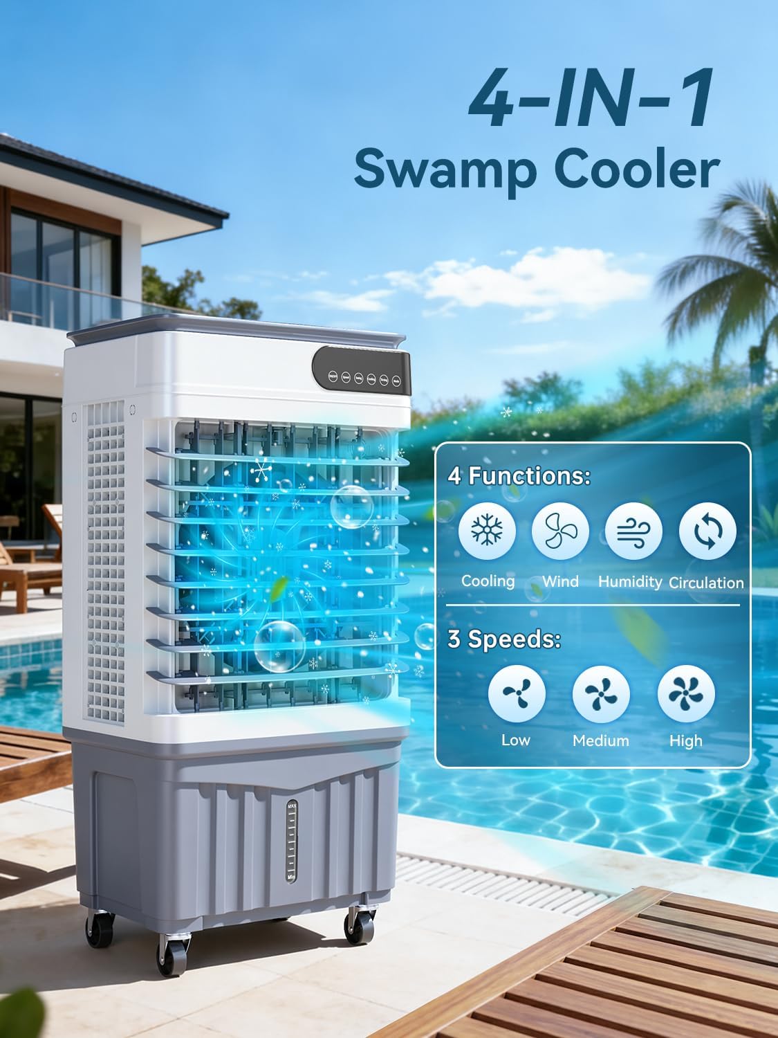 Swamp Cooler Air Conditioners, 4-IN-1 Evaporative Cooler With 8.5 Gal Water Tank, 4 Ice Packs, Remote, 12H Timer, 120°Oscillation, Portable Cooling Fan with 3 Modes&Speeds for Bedroom Indoor Room