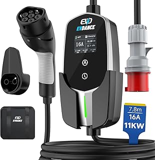 Mobile Wallbox/Ladestation 11kW [3-phasig|7.8m|6-16A] Typ 2 Ladekabel CEE 16A auf Typ 2 mit Einstellbarer Ladeleistung für Elektroauto, Silber