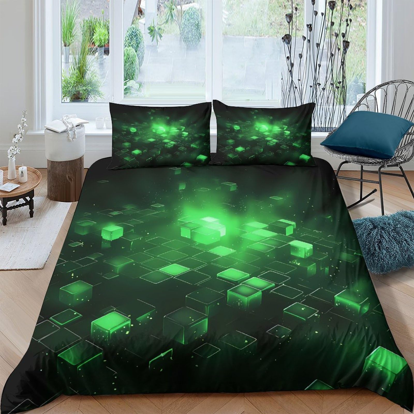 Ctjqhvkz Style-10 3D Printed Neon Green Cube Fitted Sheet Microfiber Soft Bed Cover For Bedroom Dorm Mattress Protection Decor Single（135X200cm）