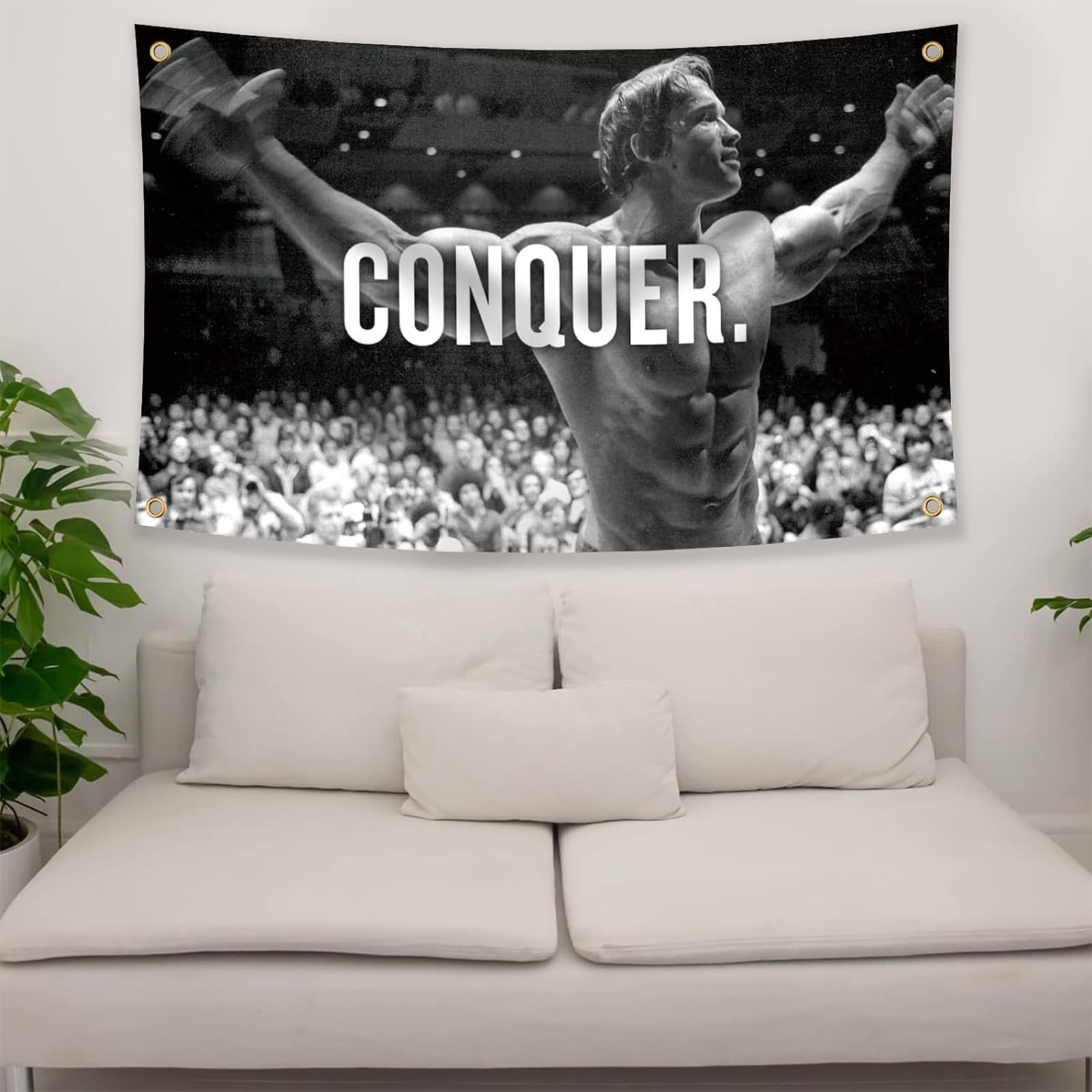 Bandera de Schwarzenegger, Motivación Gimnasio Divertido Póster de Fitness Poliéster 90 g con Ojales con Doble Aguja Cosida, para Dormitorio, Sala de Estar (90 x 150 cm)