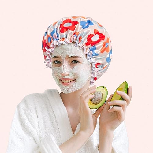 Miniatura 7 de Aquior Large Shower Cap, Shower Cap for Women Reusable Waterproof, Bath Hair Cap for All Hair Lengths,for Ladies, Men and Kids (Flower)