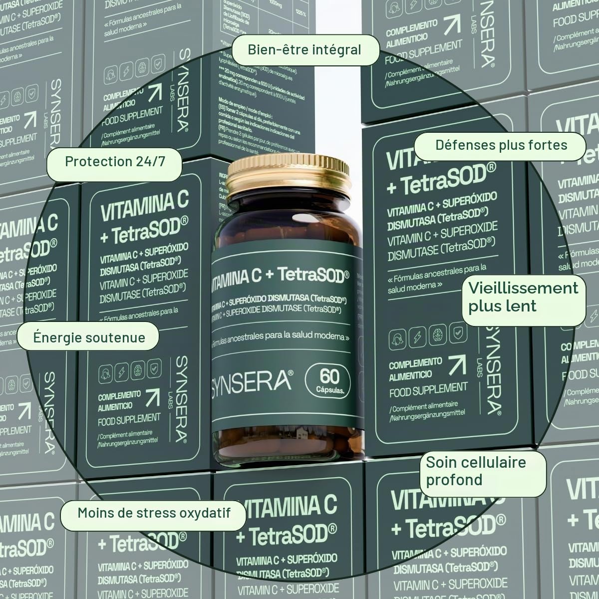 SYNSERA - Capsules de vitamine C à libération prolongée avec TetraSOD - Antioxydant cellulaire avancé - Soutien immunitaire, collagène et énergie durable - Sans gluten - 60 capsules