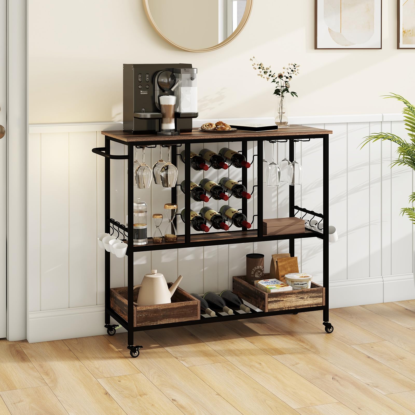 GIANTEX Carrello di Servizio Industriale a 3 Livelli, Carrello da Cucina con Portabicchieri, Porta Bottiglie, 107,5x40x91,5 cm