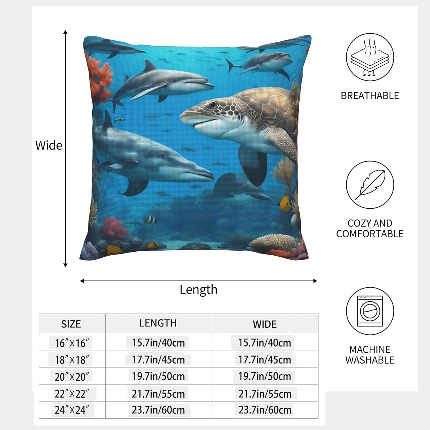 Dolphins Sea Turtle Shark Octopus Coral Reef Imitation Linen Pillowcase -2 Sets, Fashionable Home Decoration, Used for Sofas, Gardens, beds
