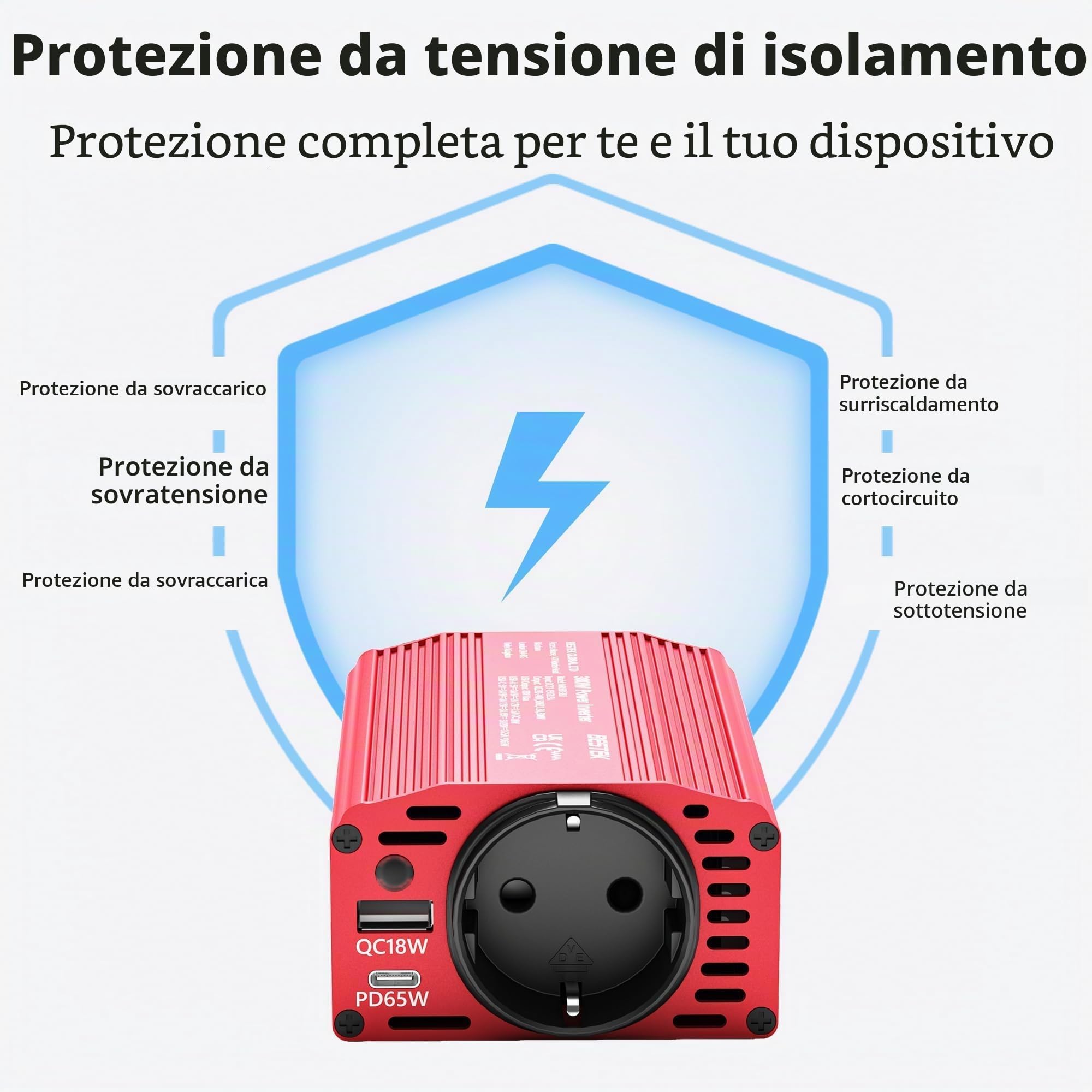 BESTEK 300W Inverter 12v 220v 230V 240V,Inverter Auto con Prese AC 2 USB-C (65 W e 30 W) 2 USB-QC (18 W),Convertitore Potenza per Camper/Barca a Onda Sinusoidale Modificata