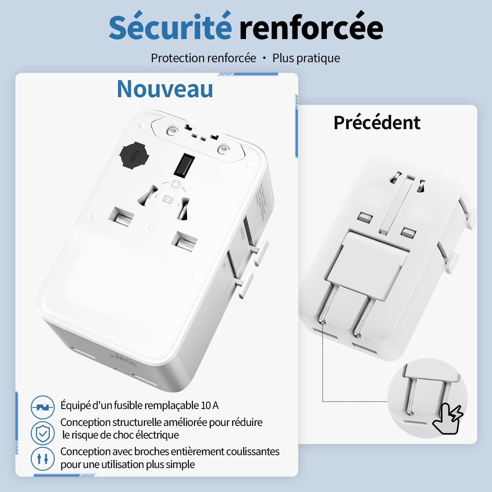 Nowość 2026 ultrapłaski adapter podróżny na całym świecie, uniwersalny adapter podróżny z 1 USB-A i 2 USB-C, kompaktowy adapter do USA, UK, Anglii, Japonii, Tajlandii i Australii