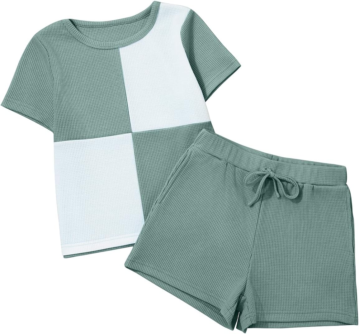 blibean Girls Summer Clothes Sets Kids Waffle Colorblock Outfits Size 6-15 Years