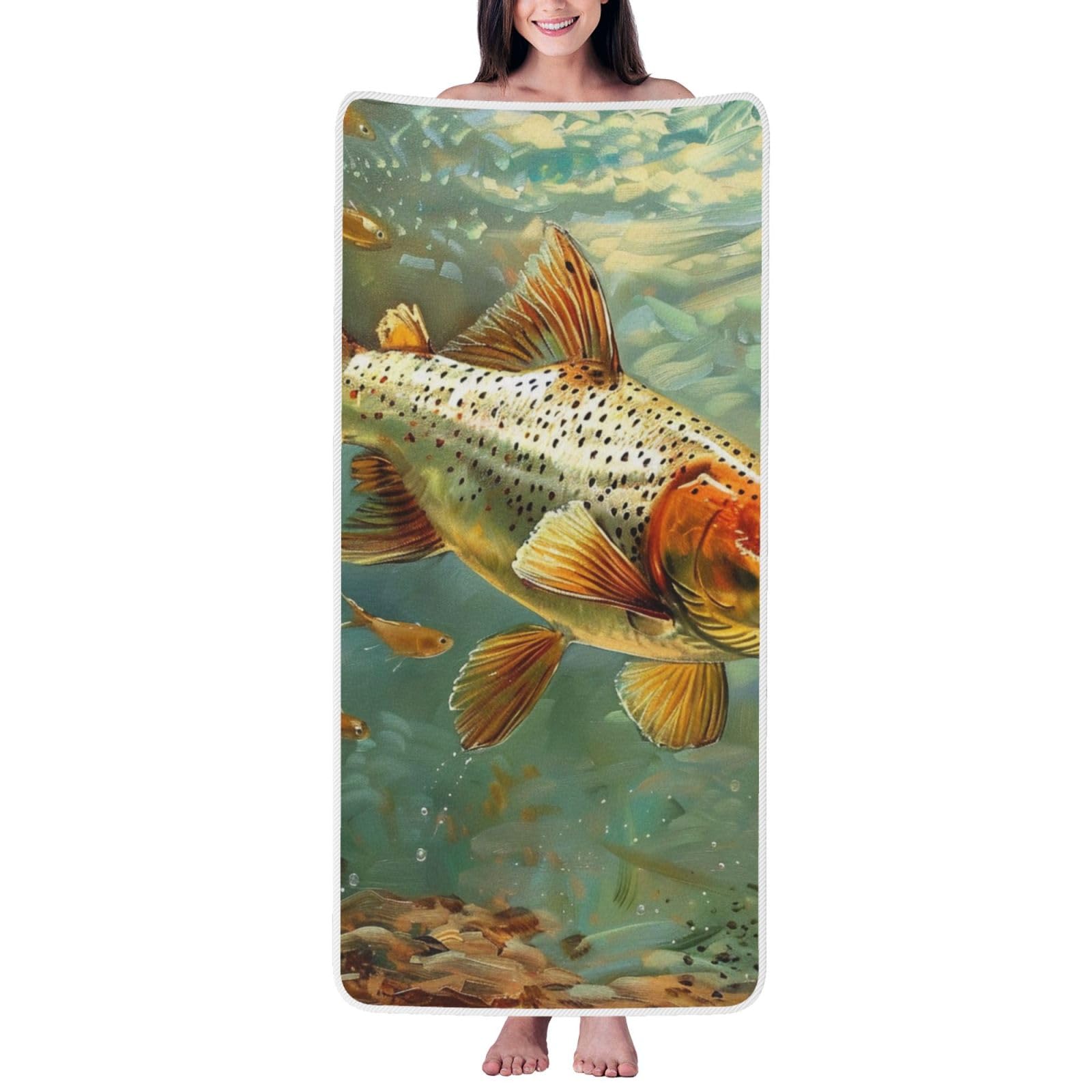 WPKJU Fly Fish Printed Bath Towel with White Edging - 27x55 in Soft Extra Absorbent Coral Velvet Shower Towels for Bathroom
