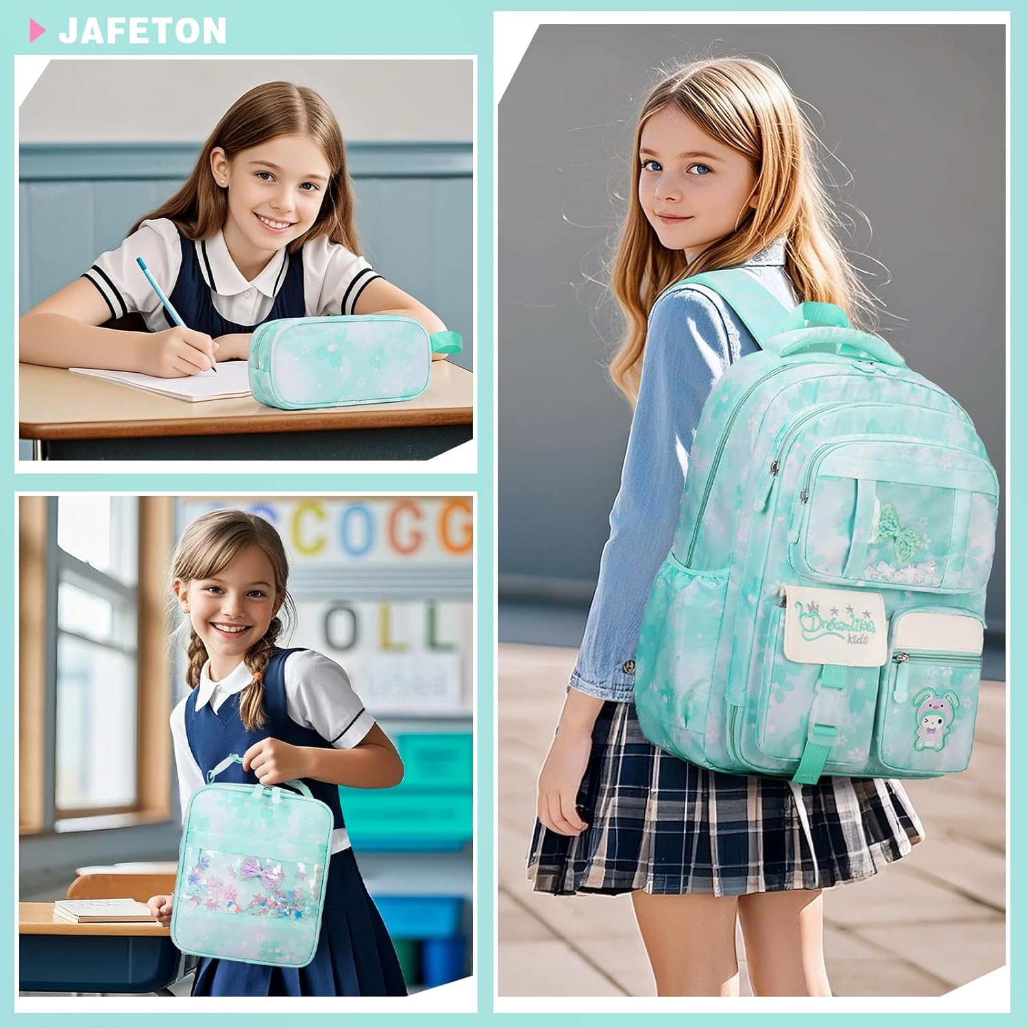 Jafeton Backpacks for Girls, Girls Backpack with Insulated Lunch Box and Pencil Case for Kids Teens Elementary Middle High School Student, Cute Bow School Bag Travel Daypacks Book Bag Set (Green)