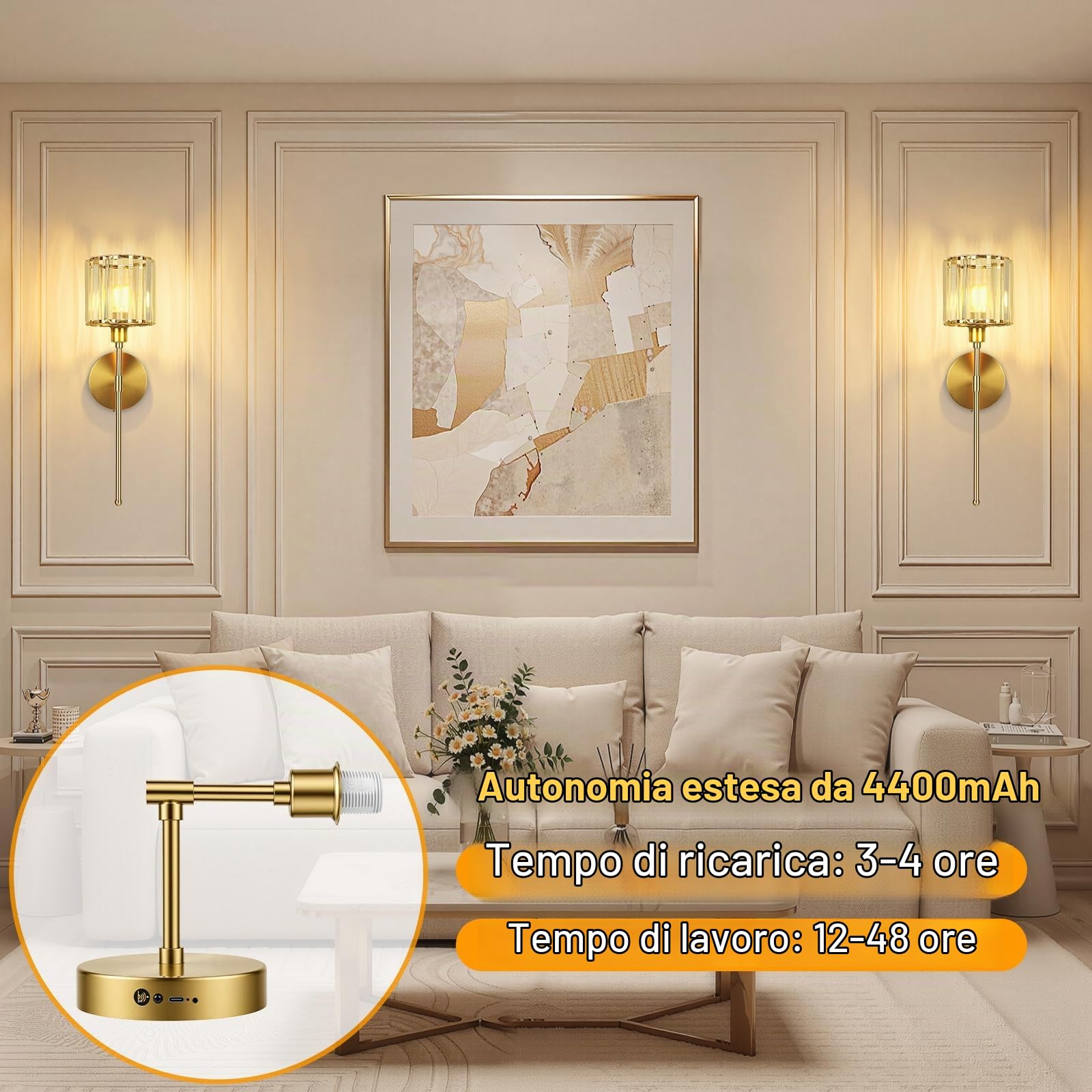 Applique da Parete Interno Dimmerabile, Oro Lampada da Parete Lampade a Batteria, Cristallo Luce Senza Fili Interni 3000K 4000K 6000K per Camera da Letto Scale Corridoio - 2 Pezzi