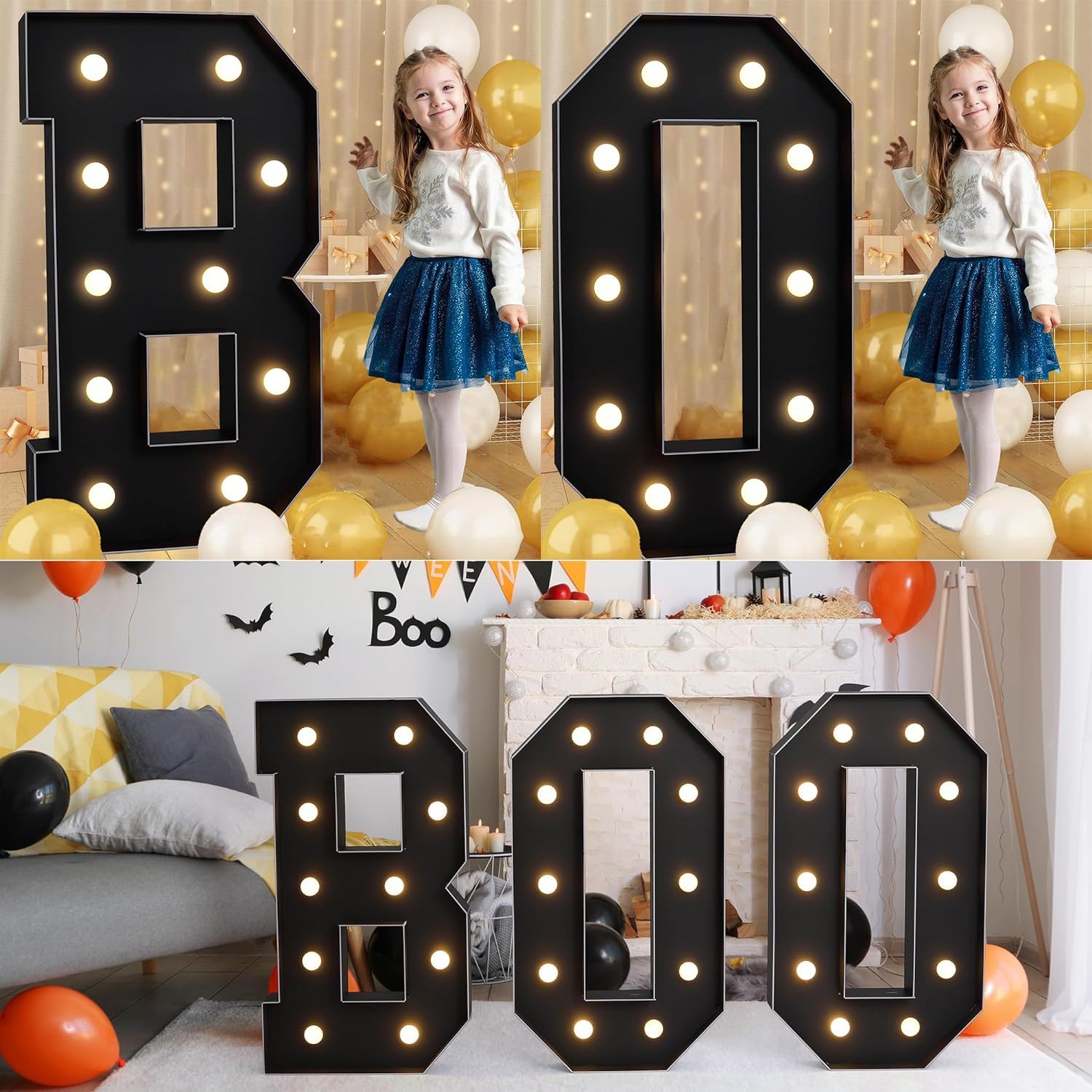 70 cm/100 cm/120 cm Napis BOO podświetlany, dekoracja kominka na Halloween ze skrzydłami nietoperza, do kuchni, stołu, domu, na imprezę, na ścianę(120cm/4FT)
