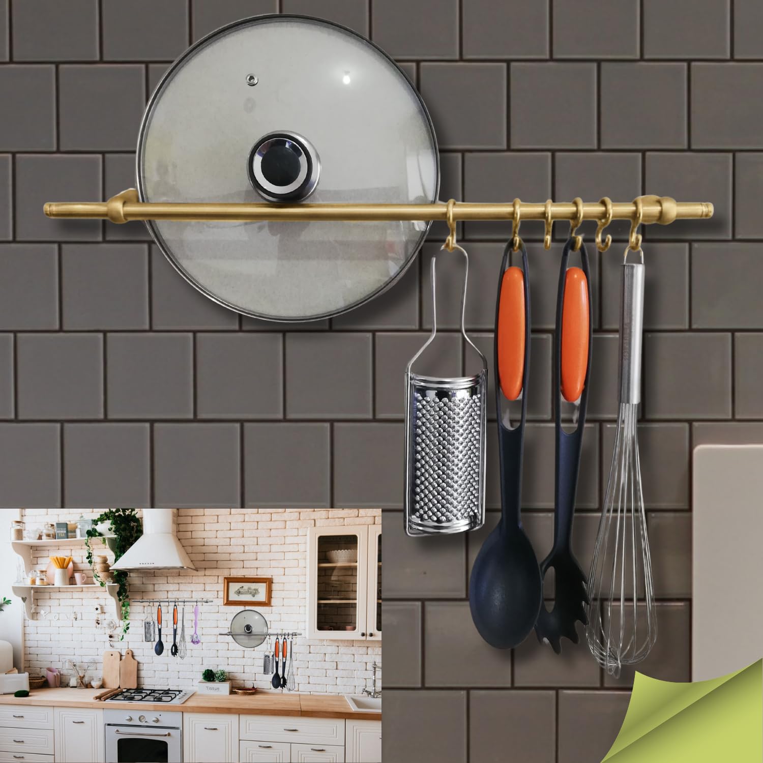 parpyon Soporte para utensilios de cocina con ganchos, barra para utensilios de cocina de aluminio para utensilios de cocina con tapa y cucharón (dorado satinado, 40 cm)