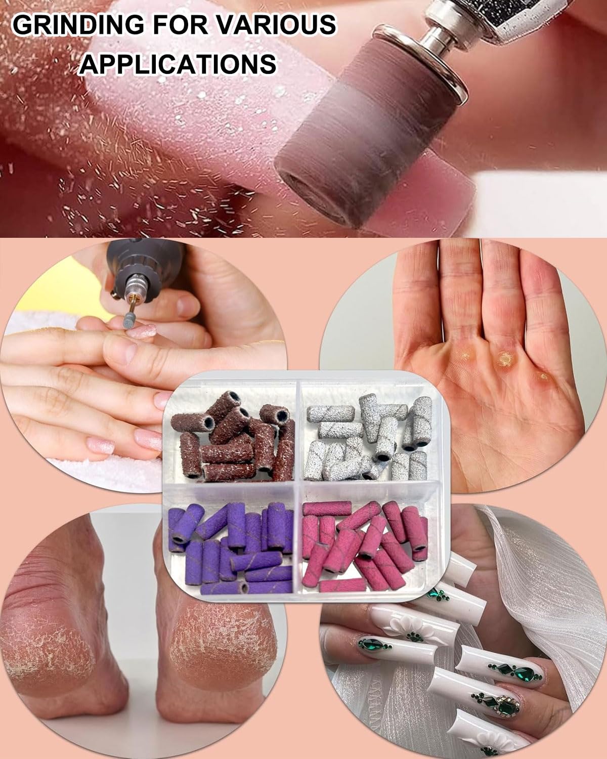Fresa per Unghie,60 Pcs Abrasivi Fresa Unghie Professionale con 1 Punte,Granulometria 80/120/180/240,Accessoriunghie per Manicure e Pedicure(4 Colori A)