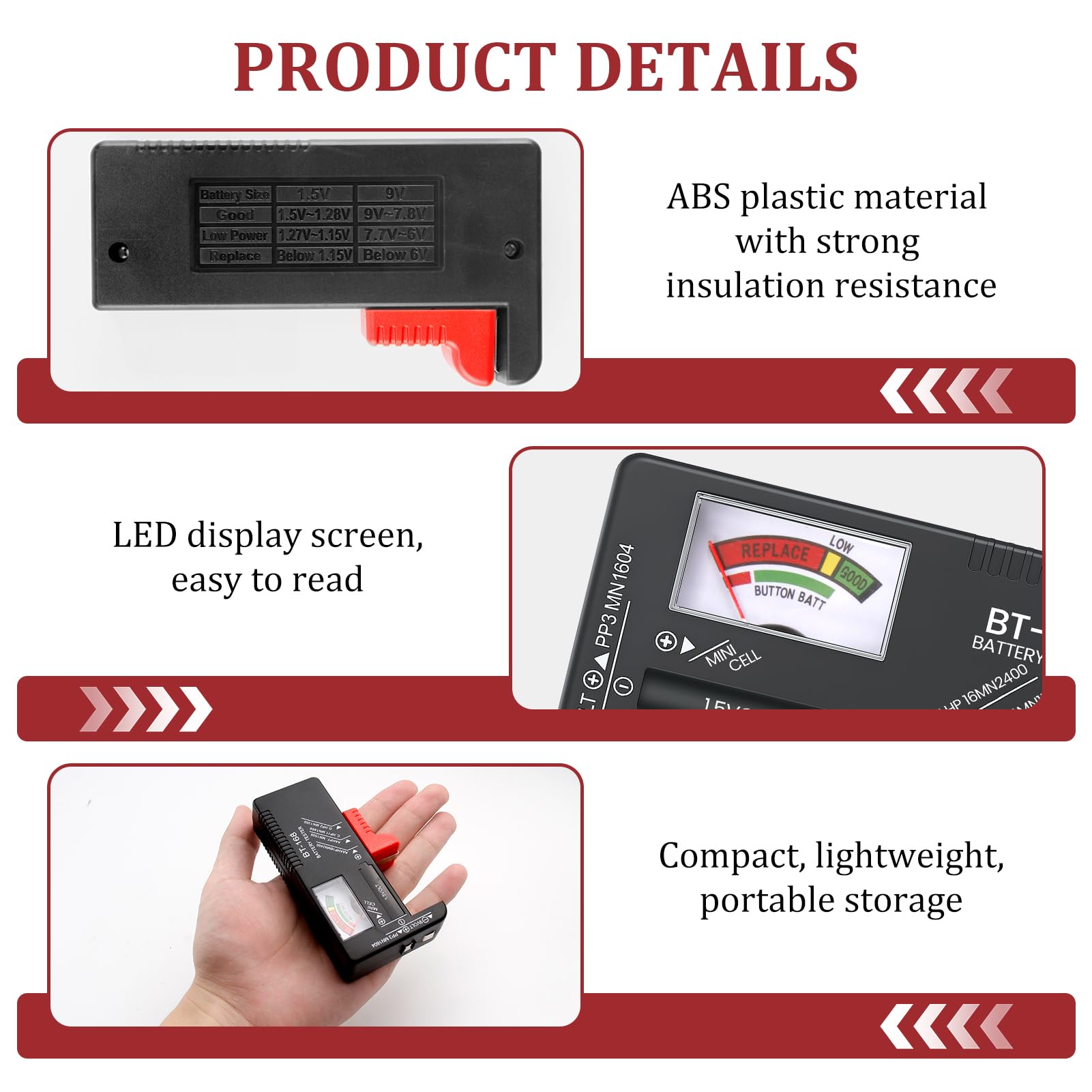 Testeur de Piles Universel, Testeur de Numérique Pointeur Piles pour AA AAA C D 9V 1.5V Batterie Bouton Vcontrôleur de Tension de Batterie Fonctionne Sans Pile Précis et Portable (Modèle: BT-168)