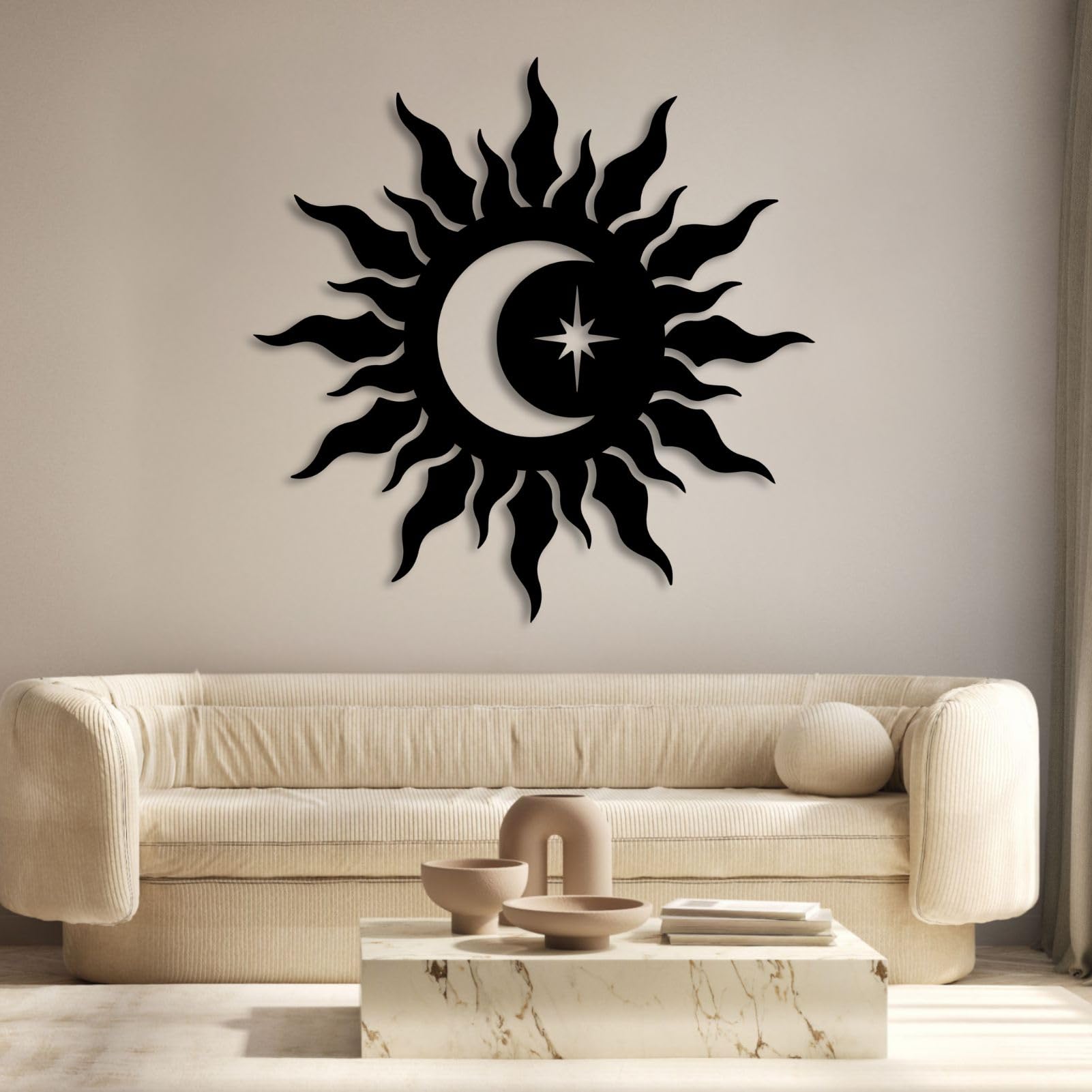 Art métallique soleil farfelu et lune sculpture murale de prestige 78cm