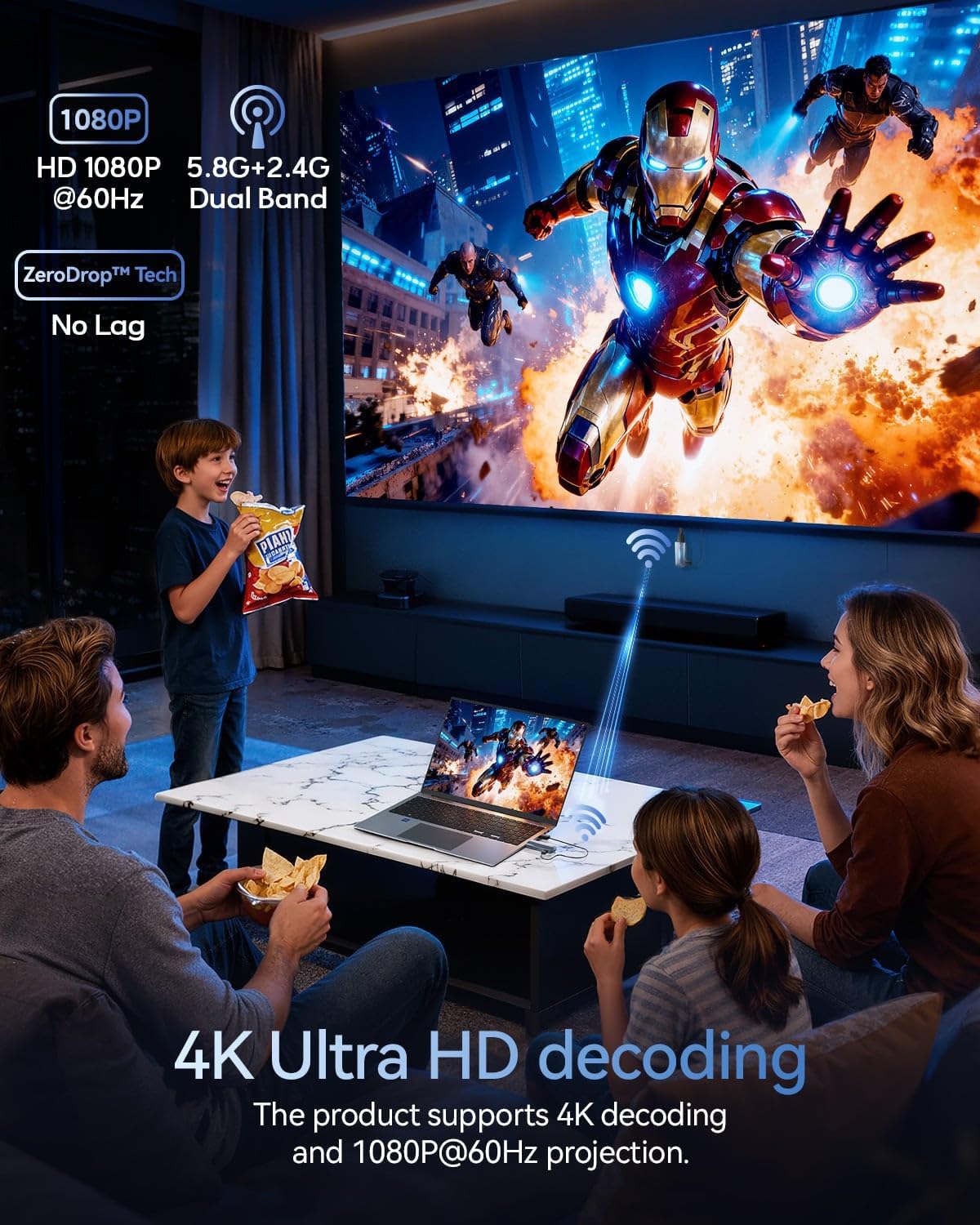 Wireless HDMI Transmitter and Receiver 400FT/120M, LDS Antenna Low-Latency Dual-Band 5.8+2.4G, 4K Decode 10Bit 1.08 Billion Hues Display Video and Audio to Monitor from Projector/TV (Light Grey)