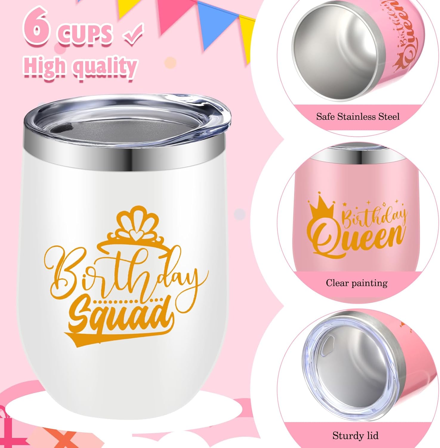 FoldTier 6 Pcs Birthday Squad Cups 12 oz Birthday Queen Wine Tumblers with Lids Stainless Steel Cup Women Trip Cups for Weekend Gift