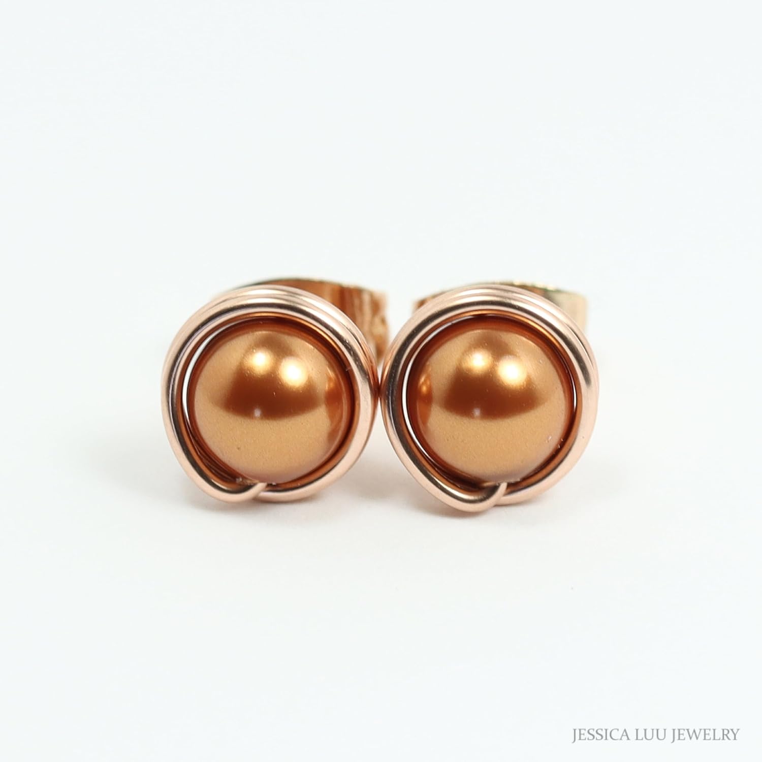 Jessica Luu Jewelry Rose Gold Copper Pearl Stud Earrings Wire Wrapped Handmade