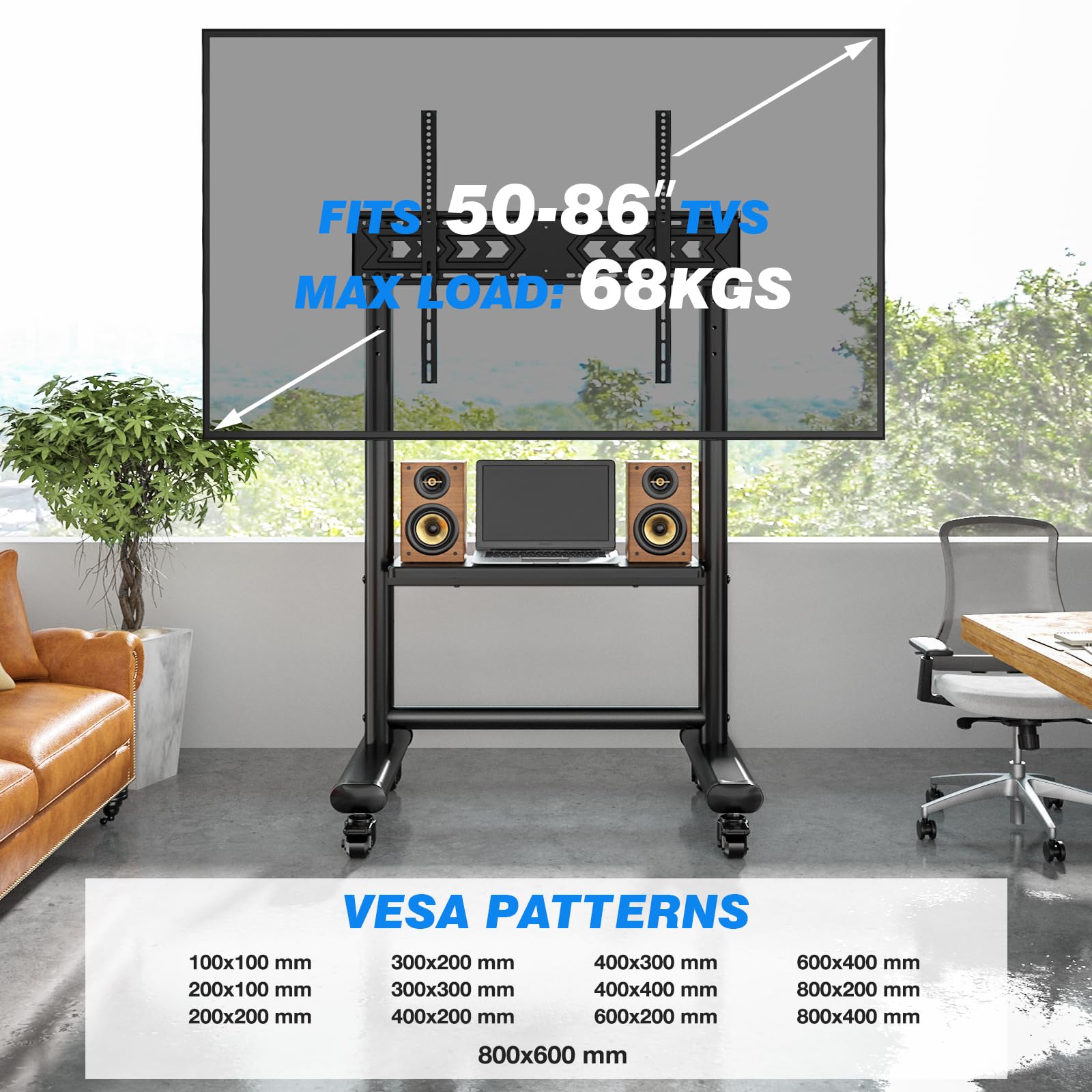 RFIVER Soporte TV con Ruedas para TV de 50-86 Pulgadas hasta 68 kg | Soporte TV Pie con Balda, Altura Ajustable, Soporte TV Suelo Carrito TV montaje sencillo, VESA Máx 800x600mm