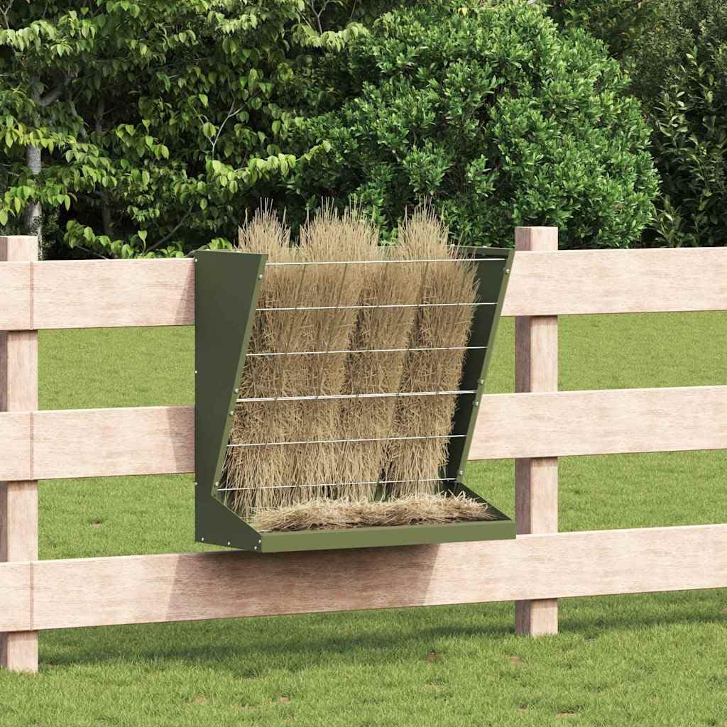 Comedero para heno verde oliva de acero laminado en frío, 71 x 33 x 70 cm, con 5 kg de capacidad, resistente a la intemperie, para interior y exterior, fácil de fijar para perros, gatos
