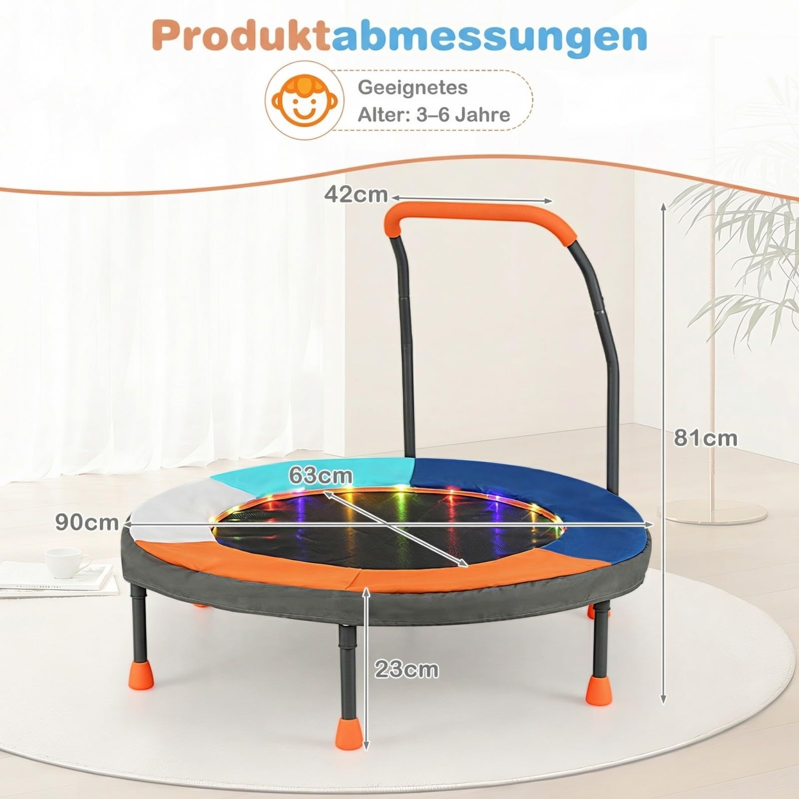 COSTWAY Trampolina dla dzieci o średnicy 90 cm, składana, z oświetleniem LED, z uchwytem i torbą do przenoszenia, mała trampolina ogrodowa, dla dzieci od 3 lat (ciemnoniebieska)