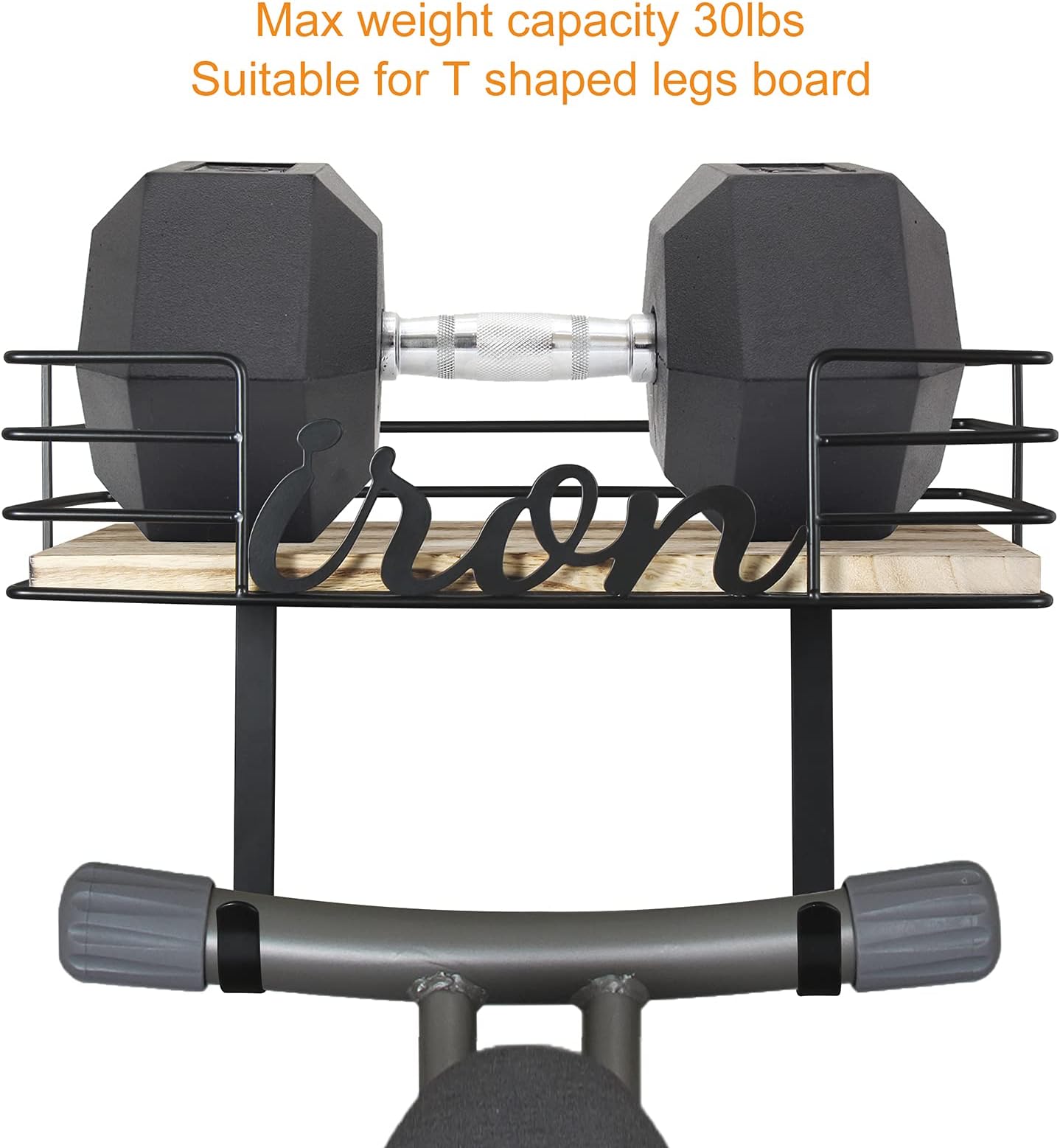 TJ.MOREE Ironing Board Hanger - Laundry Room Iron and Ironing Board Holder, Metal Wall Mount with Large Storage Wooden Base Basket and Removable Hooks