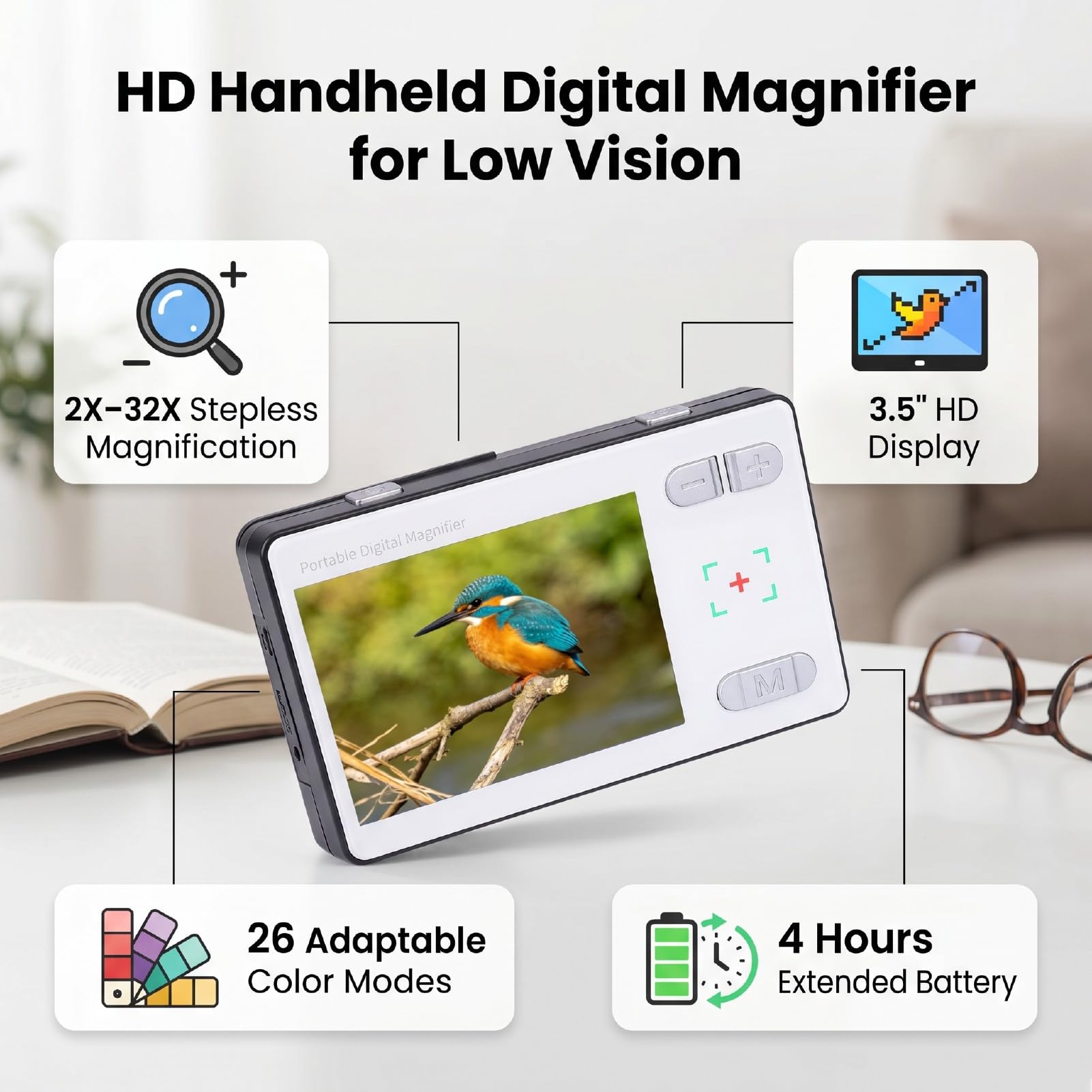 Sxhlseller Amplificador Digital con Pantalla LCD HD de 3.5 Pulgadas, Aumento sin Escalones de 2X a 32X, 26 Modos de Color para Ayuda de Lectura con Baja Visión