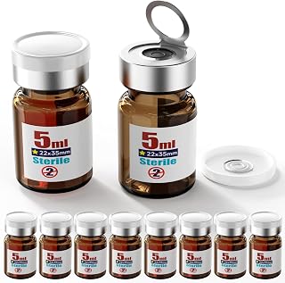 Sterile Empty Vial Sealed with 20mm Self Healing Injection Port and Burr Free Tear Off Plastic Aluminum Cap, Borocilicate Glass Sample Vial with Pull Ring Cover (Amber, 5mL)
