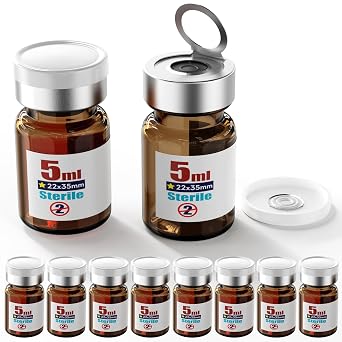 Sterile Empty Vial Sealed with 20mm Self Healing Injection Port and Burr Free Tear Off Plastic Aluminum Cap, Borocilicate Glass Sample Vial with Pull Ring Cover Amber, 5mL
