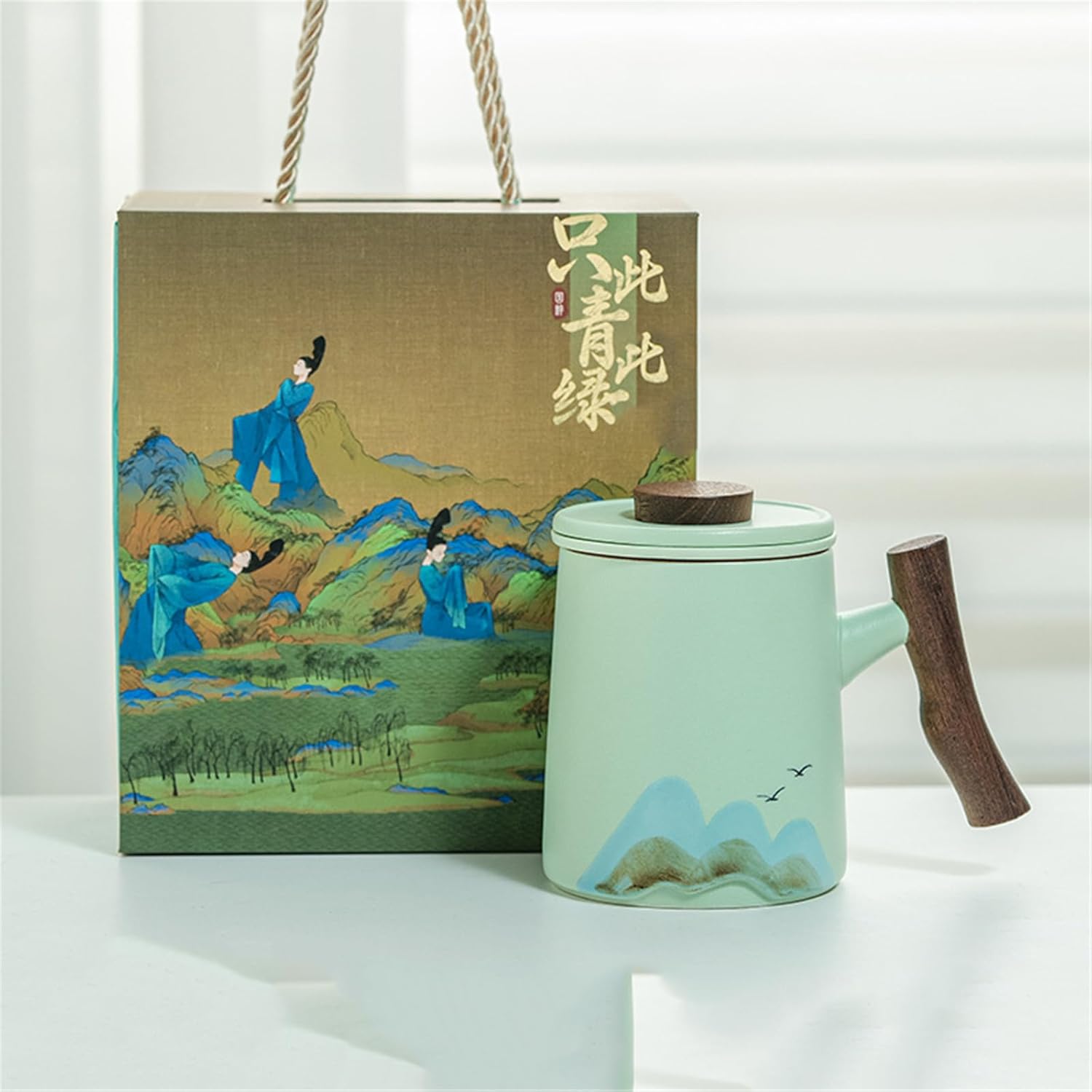 Wooden Handle Ceramic Office Mug with Lid Tea Brewing Water Cup-set1