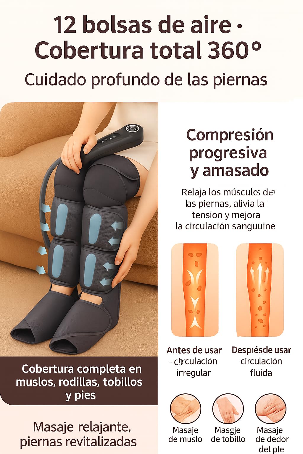 Masajeador de Piernas con Compresión de Aire, Calor y 3 Modos Inteligentes, 5 Niveles, Presoterapia Presión de Aire para Relajación Muscular, Alivio de Fatiga y Mejora de la Circulación
