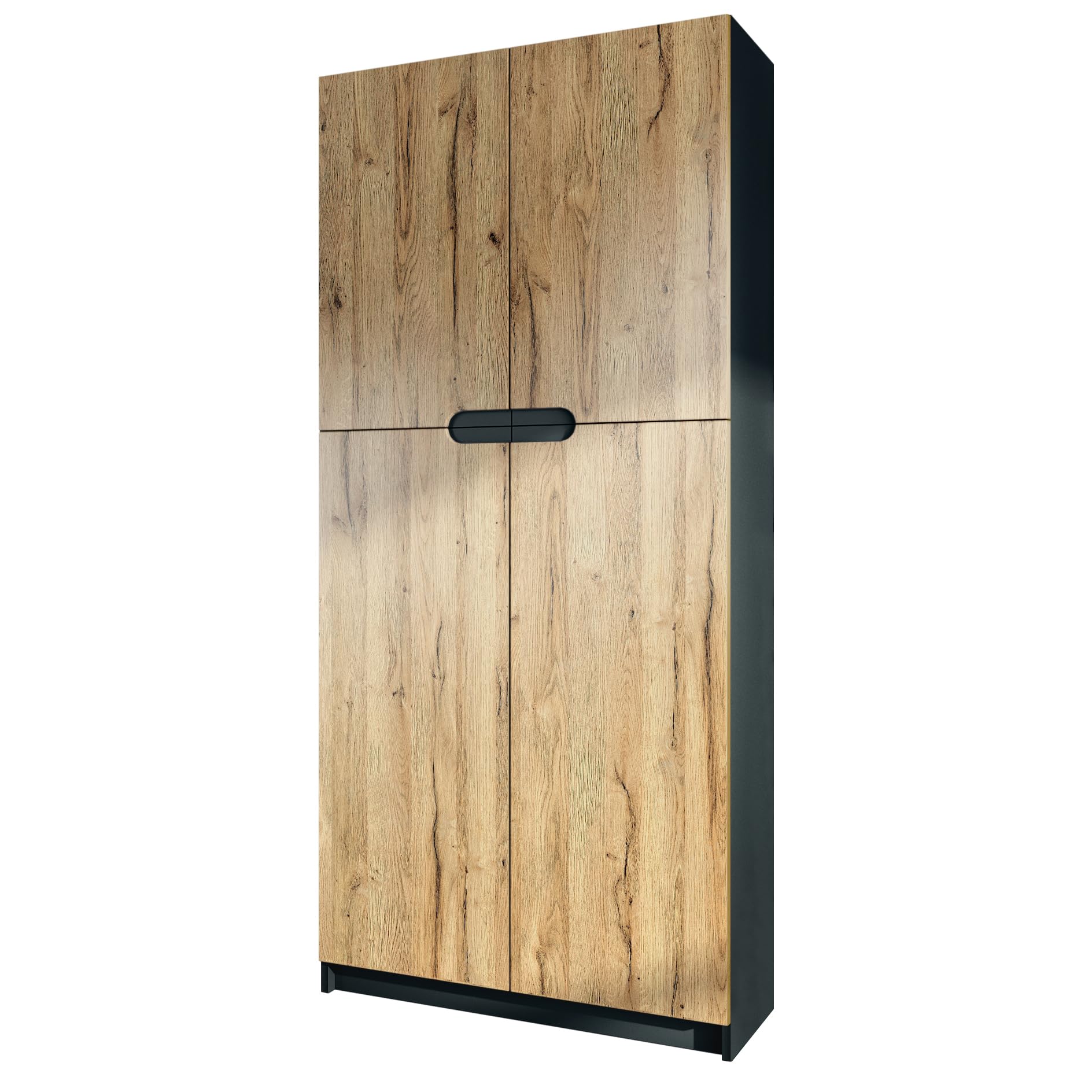 Vladon Büroschrank Logan V1, Made in Germany, Aktenschrank mit 5 Fächern und 4 Türen, Schwarz matt/Eiche Natur (82 x 185 x 37 cm)
