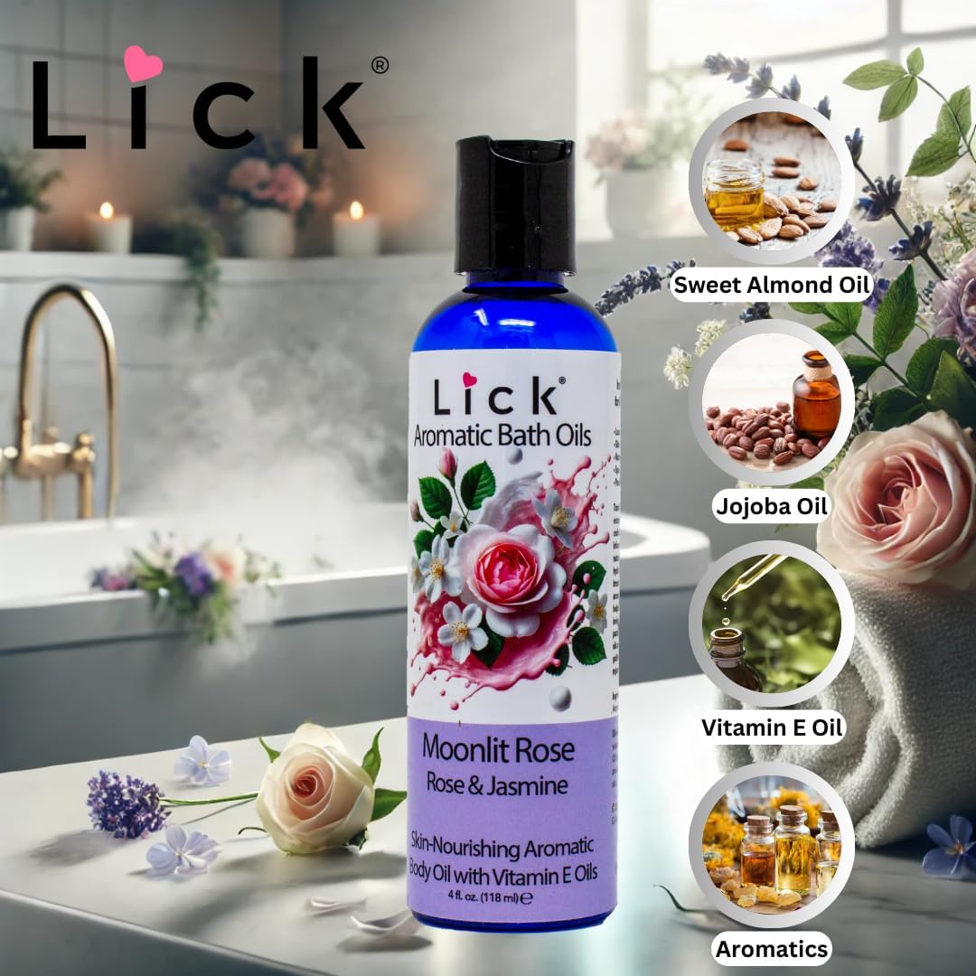 Lick Midnight Rose & Jasmine Aromatic Bath Oil - Calming Floral Scents - Aromatherapy Oils for Bath Relaxation, 4 oz