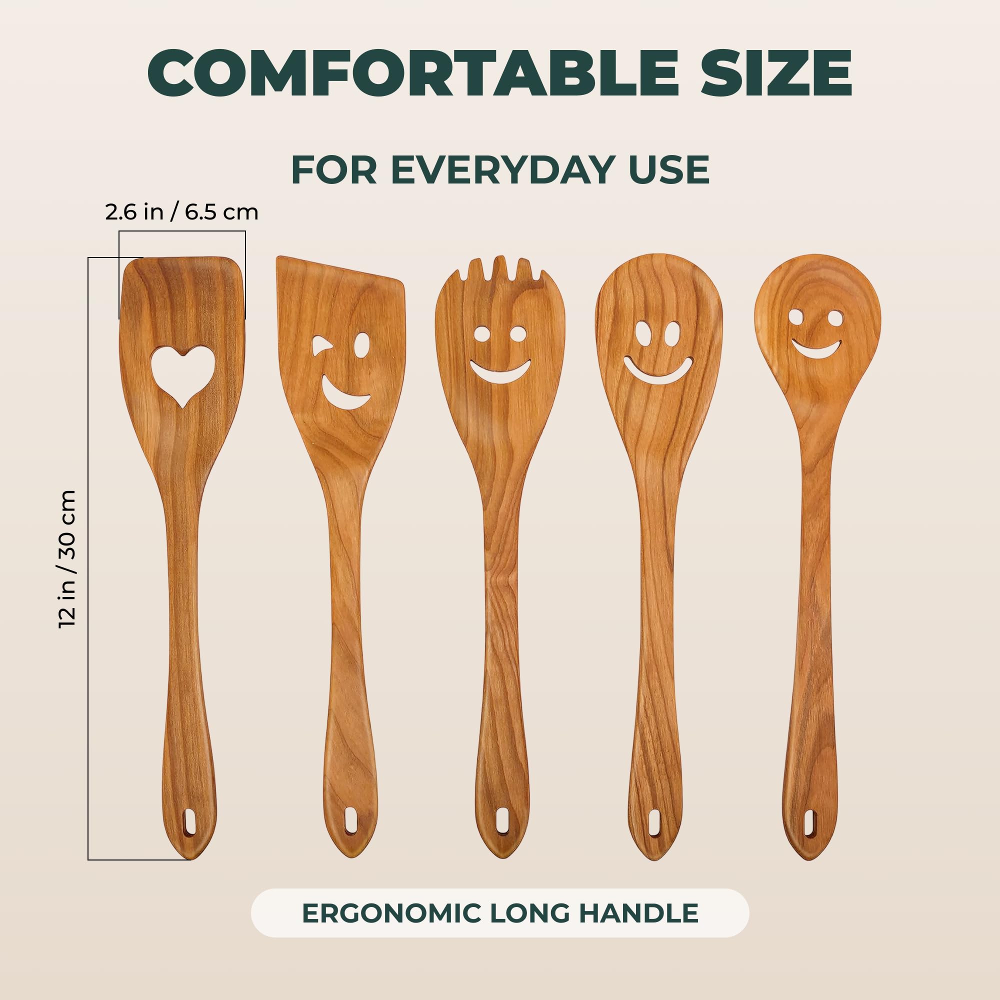 MFC 5-Piece Wooden Cooking Spoons - Kitchen Set from Natural Cherry Wood - Wooden Spoons for Cooking - Funny Utensil Set with Smiley Faces - Cooking Multipurpose Wood Utensils