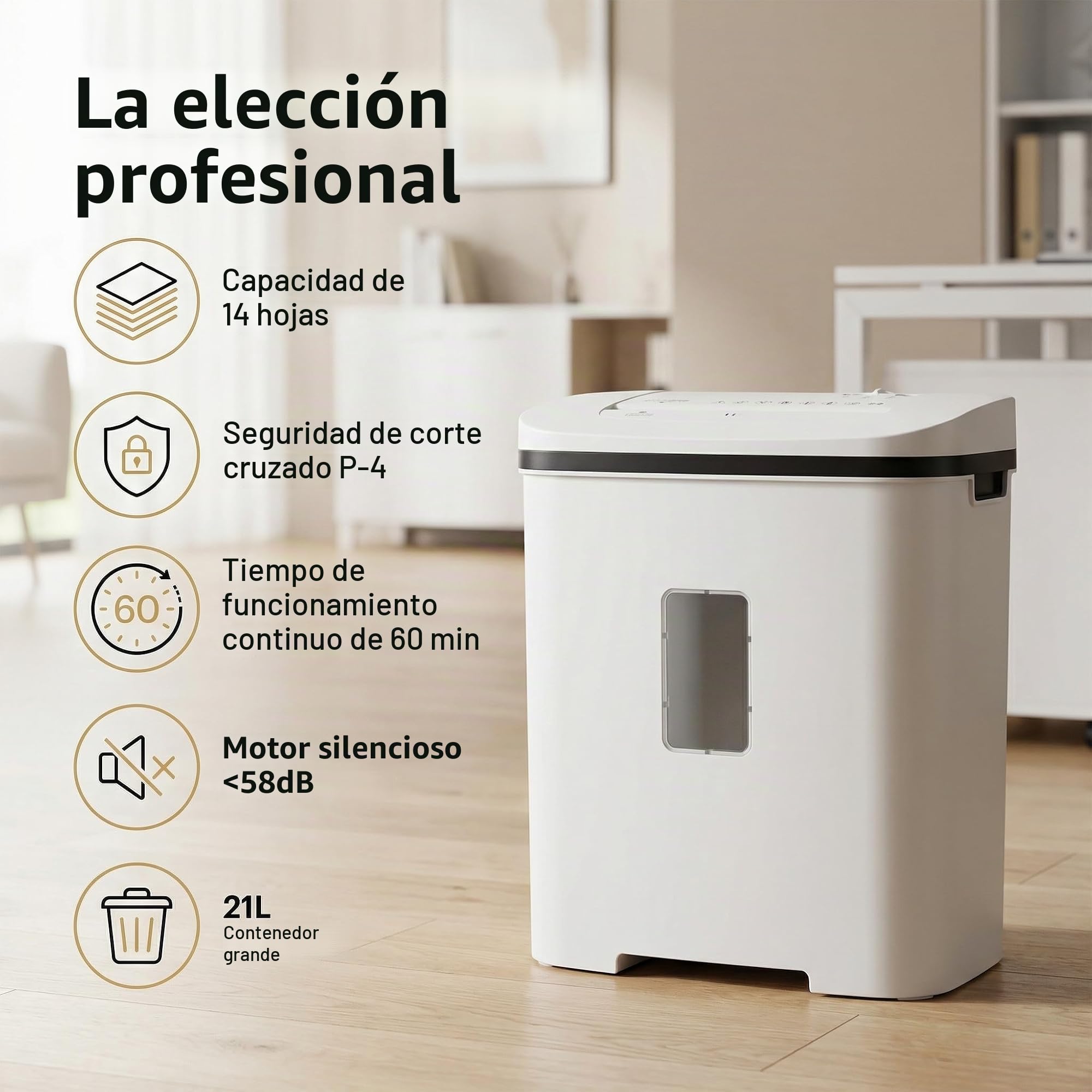 Trituradora de Papel Profesional Oficina: 14 Hojas P-4 60 Minutos Continuos Destruye Tarjetas de Crédito/Documentos/Grapas Papelera 21L Silenciosa para Casa Escuelas Hospitales Empresa