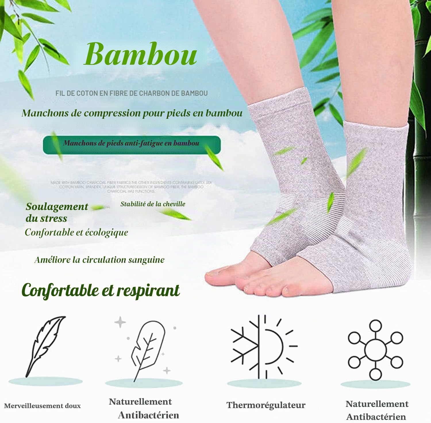 Lot de 3 paires de chaussettes de compression en bambou, anti-fatigue, anti-neuropathie au moment du coucher, gonflement de la cheville, pour soulager la douleur de l'arthrite