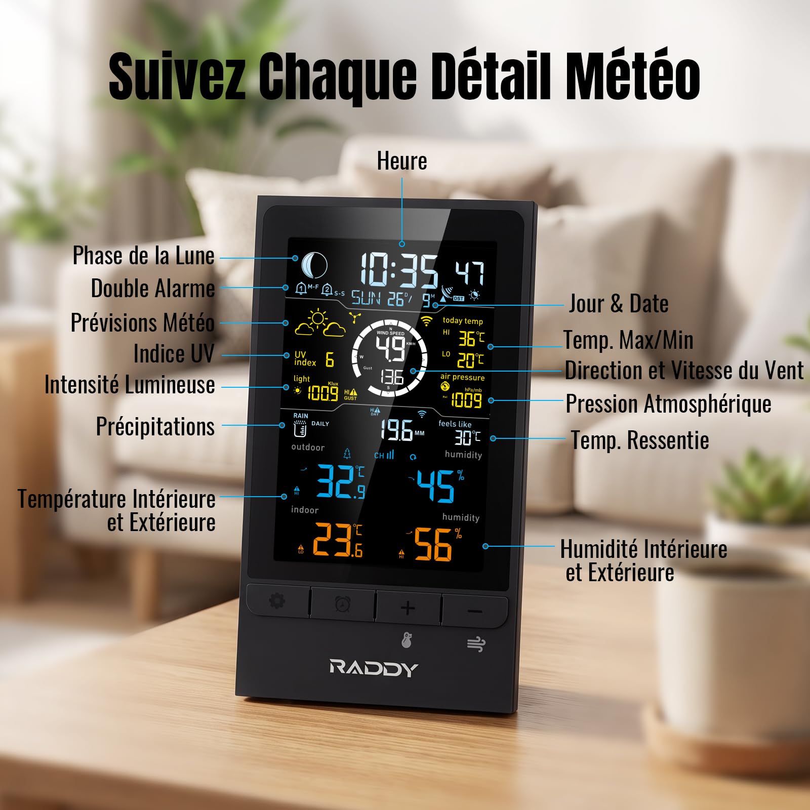 Raddy UV7 Station Météo Sans Fil Pro 12-en-1 Intérieur Extérieur
