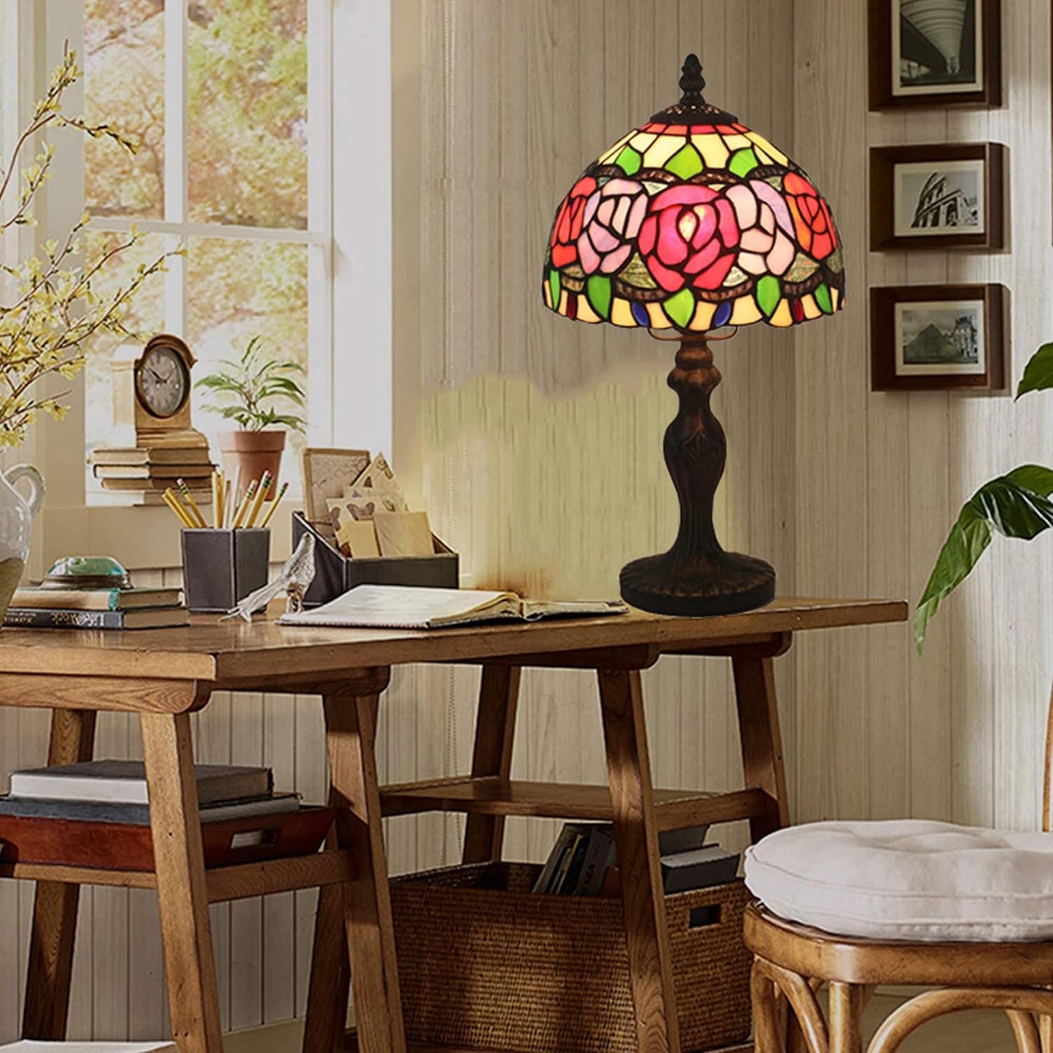 Lampa różana, lampa stołowa w stylu Tiffany'ego lampka nocna, sztuka kwiatowa witraż na biurko akcentująca lampka nocna dla dziewczyny kochanka sypialnia salon, prezent urodzinowy, 8 * 15 cali (D)