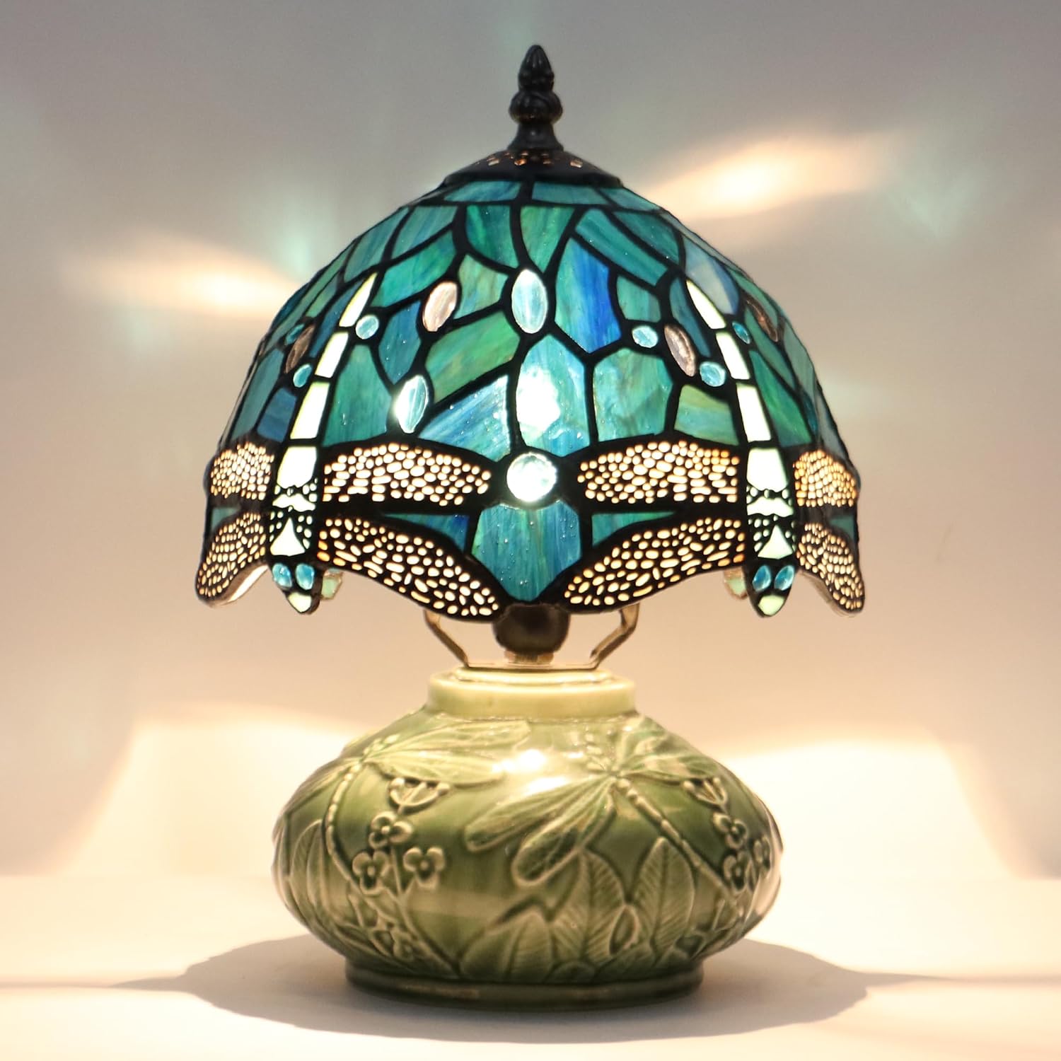 Small Stained Glas Lamp Mushroom Table Lamp, Mini Stained Glass Desk Light Memory Sympathy Ceramic lamp 8X11 Inch (Sea Blue Dragonfly Style)