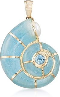 Ross-Simons Milky Aquamarine, 6.5-7mm Cultured Pearl and .30 Carat Sky Blue Topaz Snail Shell Pendant in 14kt Yellow Gold