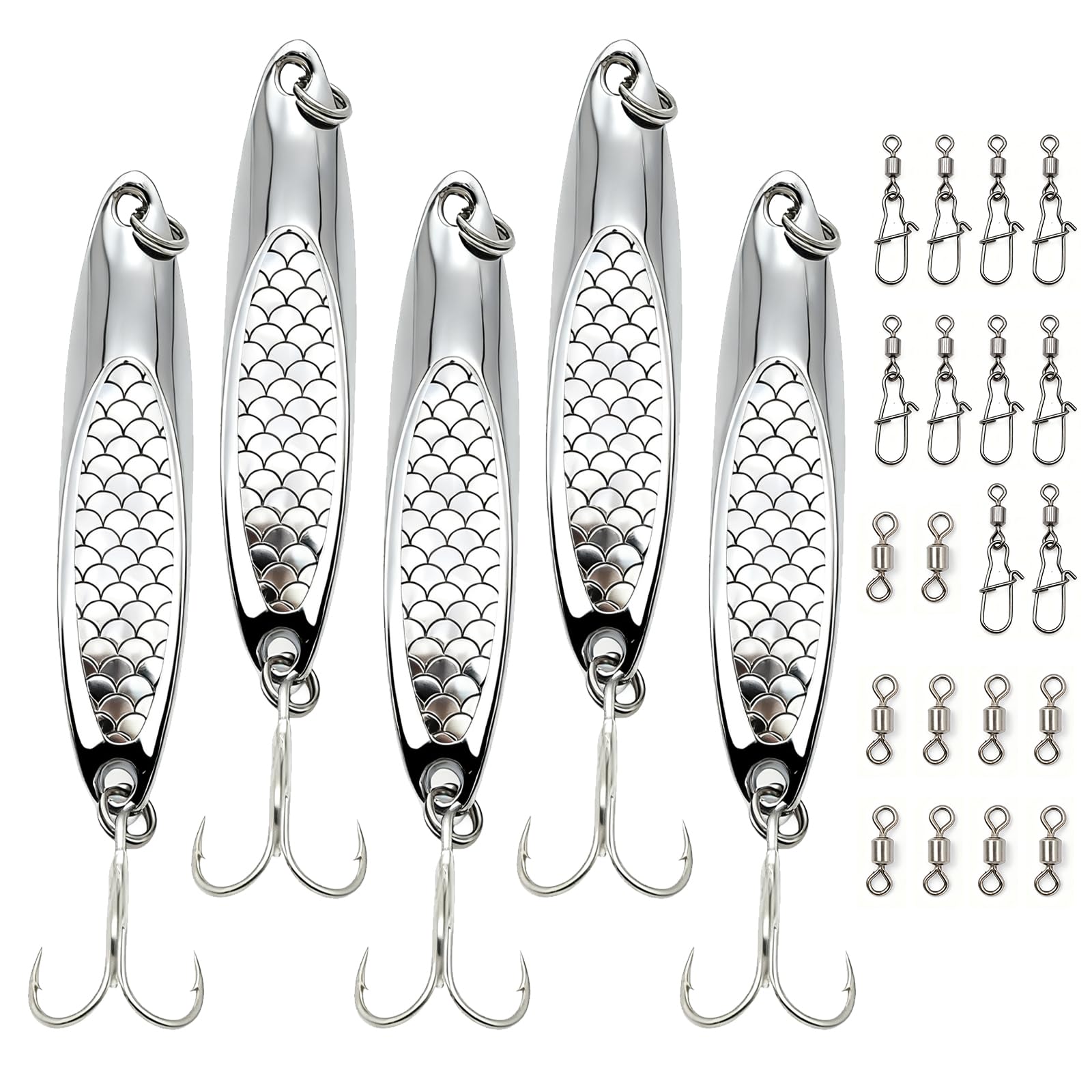 Set De Leurres VOSSOT 25 Pièces – Jigs Métalliques Argentés 20g Avec Hameçons Triples Et Accessoires, Parfait Pour La Pêche En Mer, Sandre Et Truite