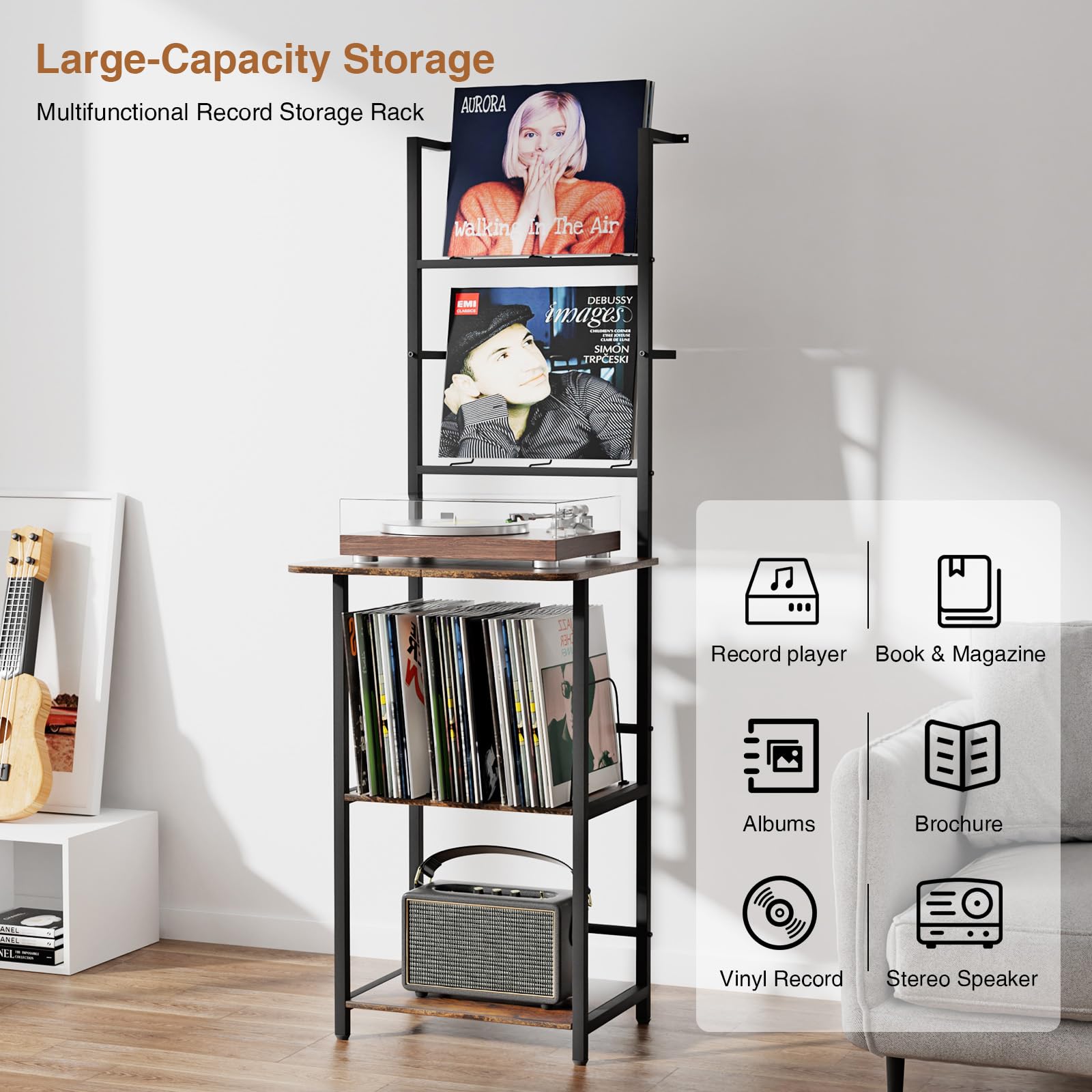 Mobile Giradischi e Porta Vinili a 5 Livelli, Porta Dischi Vinile, Vinili da Parete a 2 Livelli, Mobile per Giradischi e Vinili Archiviazione fino a 200 Albums, Cds