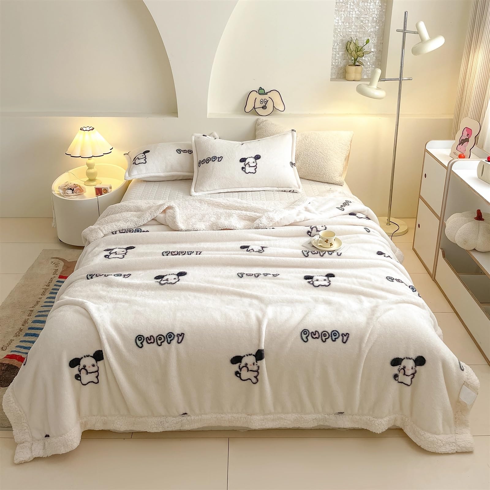 Manta de invierno doble con estampado de cachorros beige, 180 x 200 cm, ideal para sofá, cama y sillas, funda de cama suave para decoración del hogar