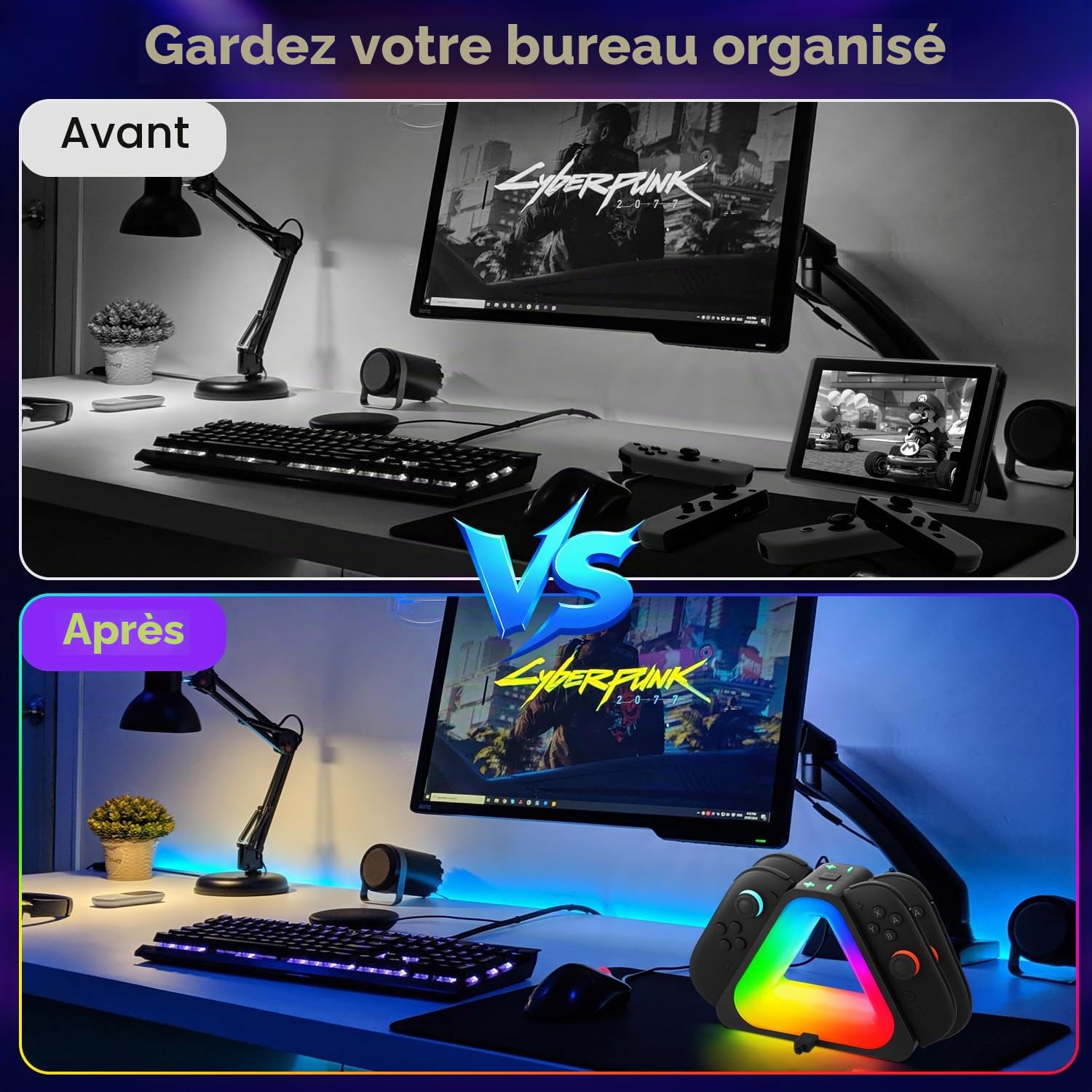 Dock de Charge pour Switch 2,4-en-1 Nintndos Switch 2 Station de Charge avec 7 Couleurs lumières RVB,Charge Rapide USB-C PD avec câble,Charges 4 contrôleurs Joy-Cons,Design de Voyage Portable