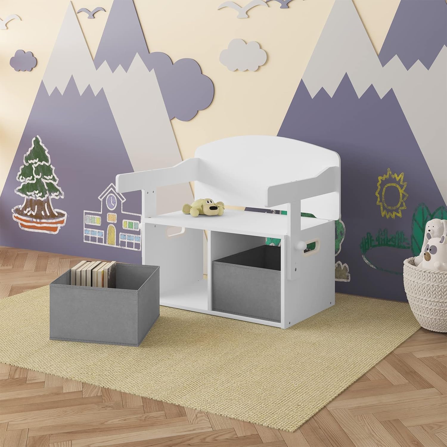 Lestarain Kindertisch mit Sitzbank, Weiß + Grau